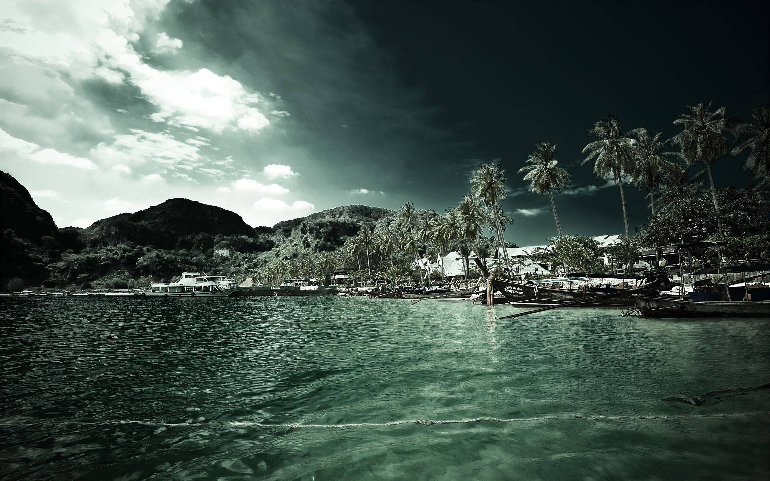 tropical beach, palm trees, boats, 2K Desktop Wallpaper