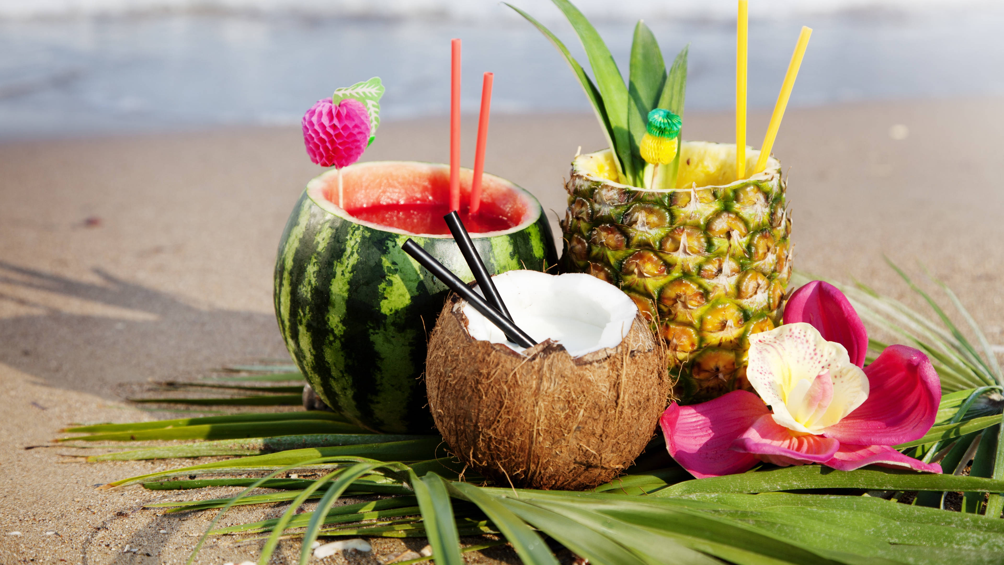 watermelon pineapple and coco tropical drinks, watermelon pineapple and coconut shells, sandy beach, 4K Desktop Wallpaper