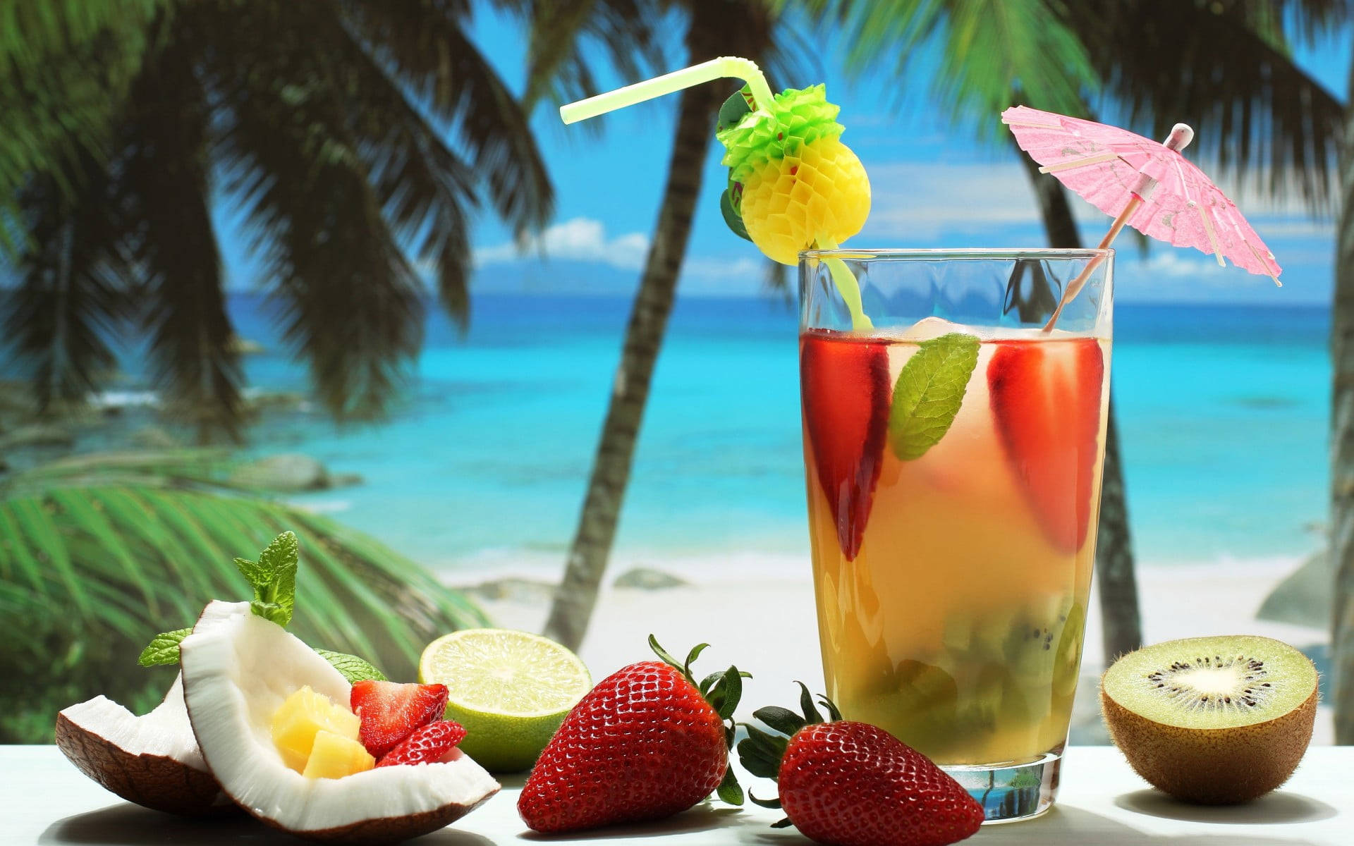 coconut strawberry kiwi tropical drink, palm trees, turquoise ocean, Full HD Desktop Wallpaper
