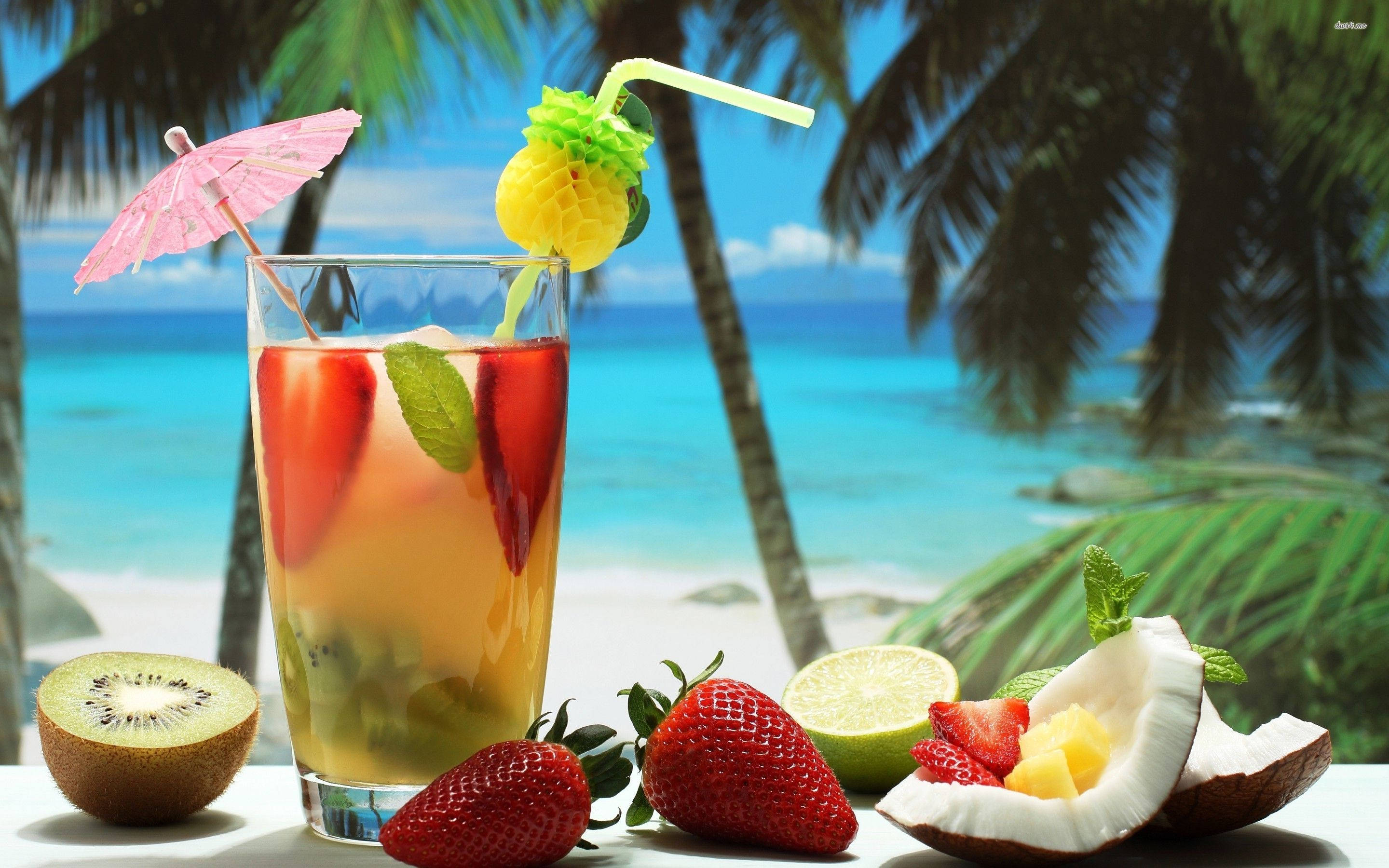 Fruity Mix Tropical Drink, tropical cocktail, fresh fruit garnishes, 2K Desktop Wallpaper
