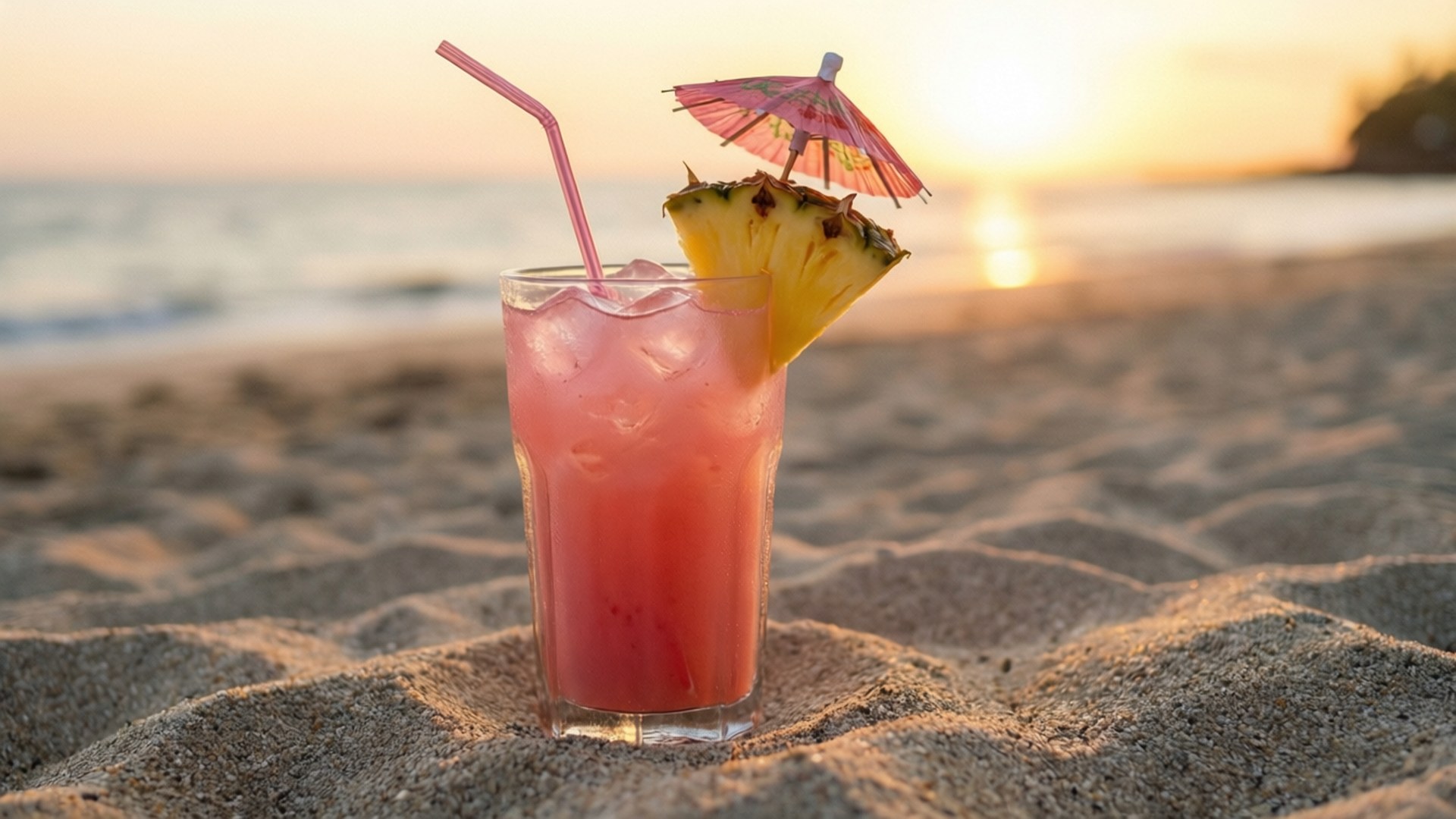 Sunset Sip, pink tropical drink, pineapple garnish, Full HD Desktop Wallpaper
