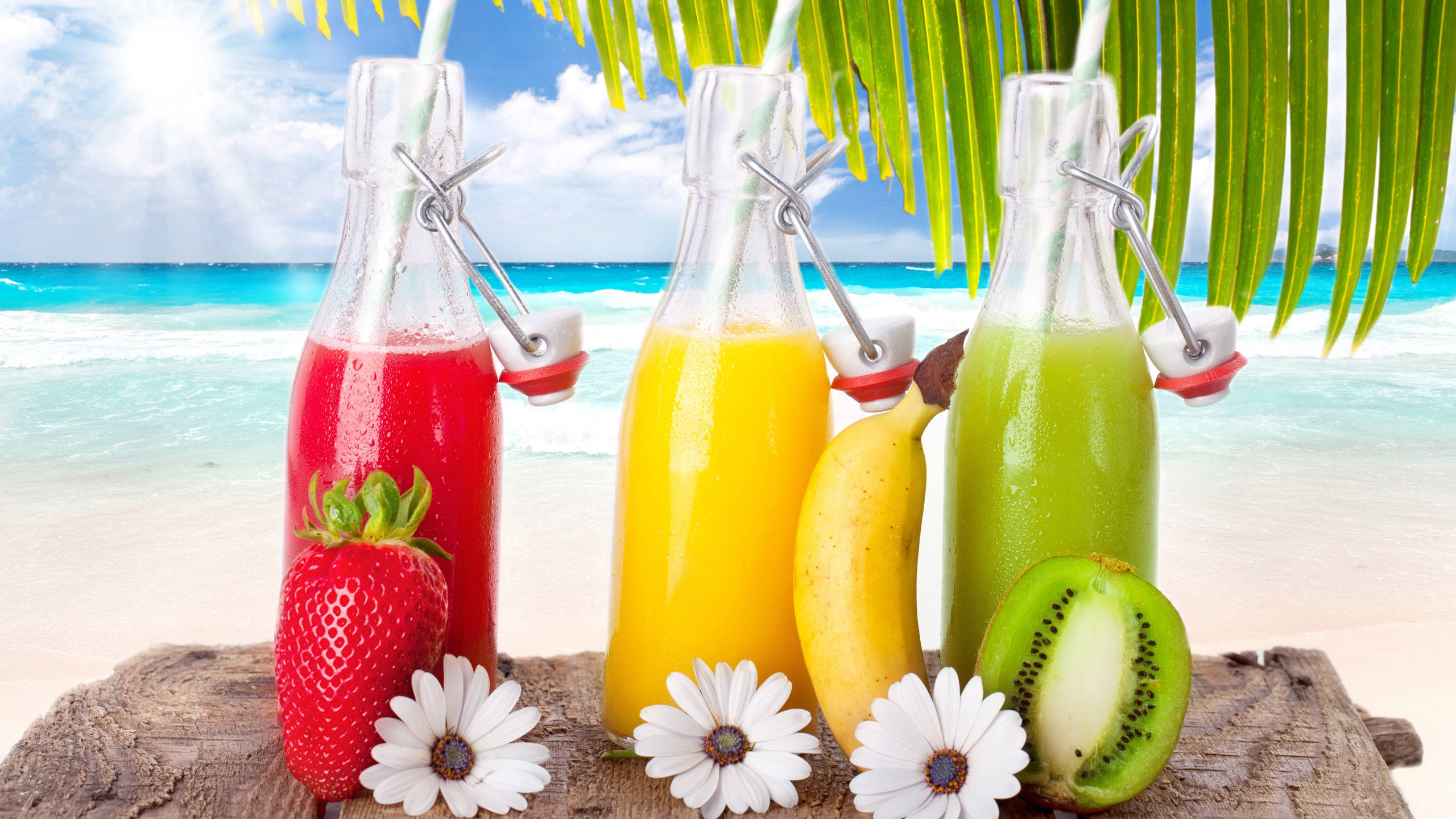 strawberry banana and kiwi tropical drink, glass bottles, wooden slab, 2K Desktop Wallpaper