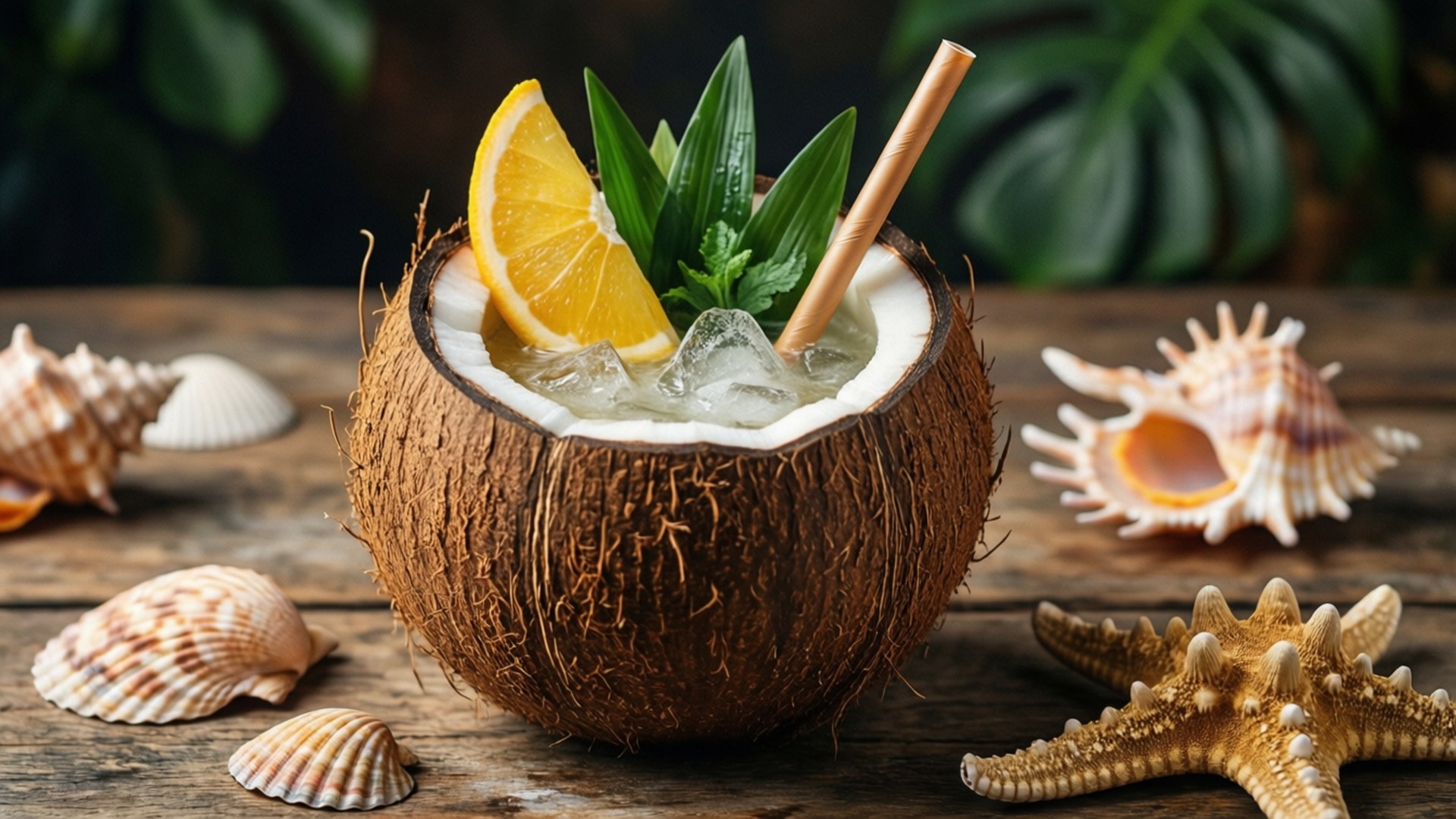 coconut vessel, tropical drink, coconut, Full HD Desktop Wallpaper