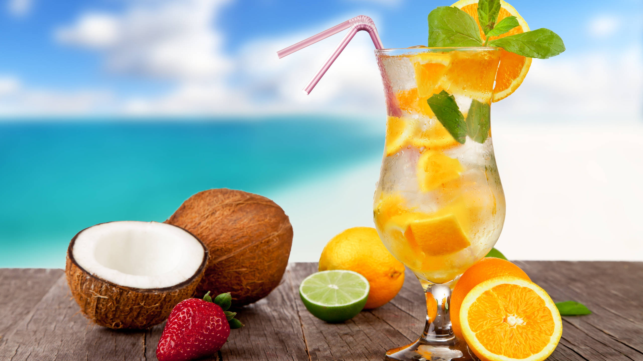 orange and lime tropical drink, citrus, mint, 2K Desktop Wallpaper