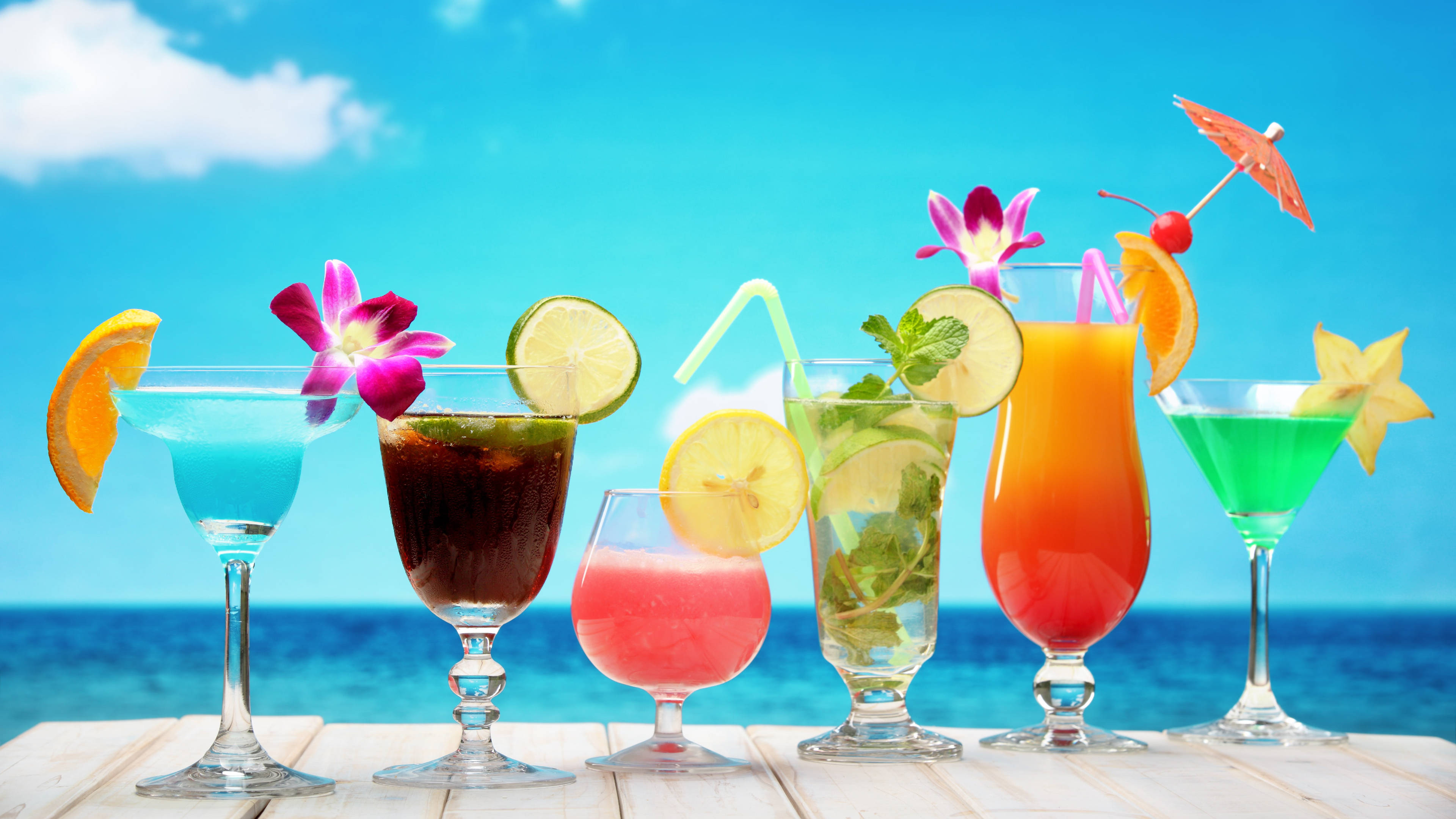 tropical cocktails, fruit garnishes, flowers, 4K Desktop Wallpaper
