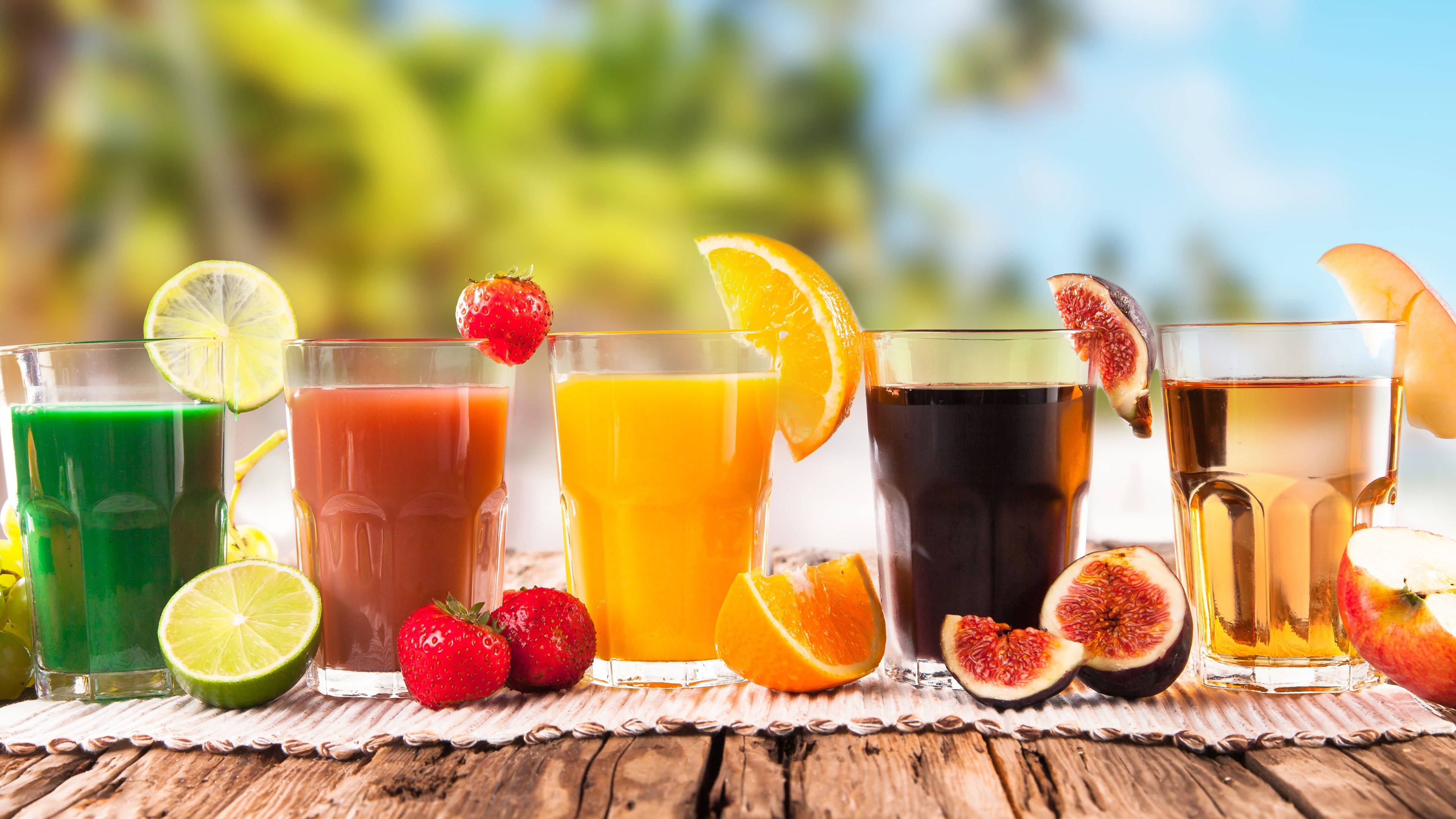 Five Tropical Drinks, fruit juice, fresh slices, 4K Desktop Wallpaper