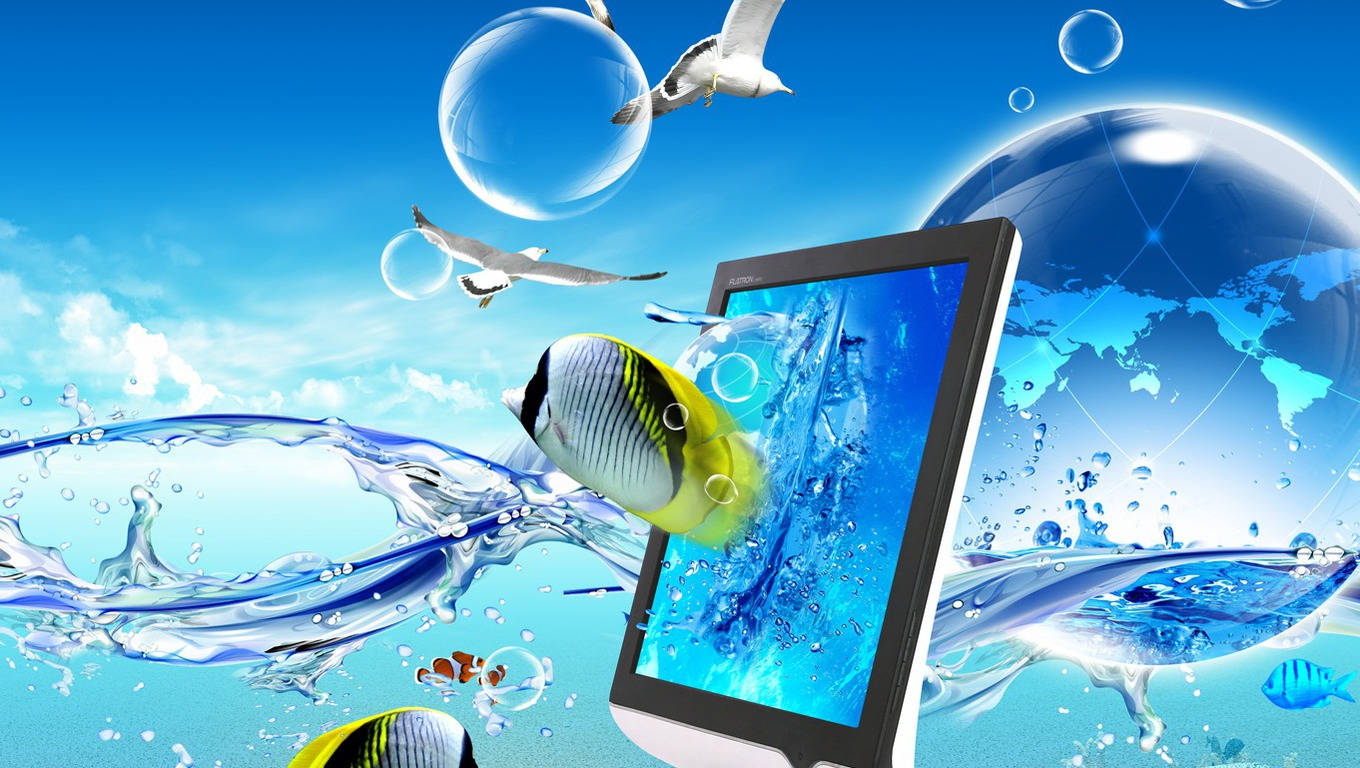 laptop monitor, fish, underwater scene, HD Desktop Wallpaper