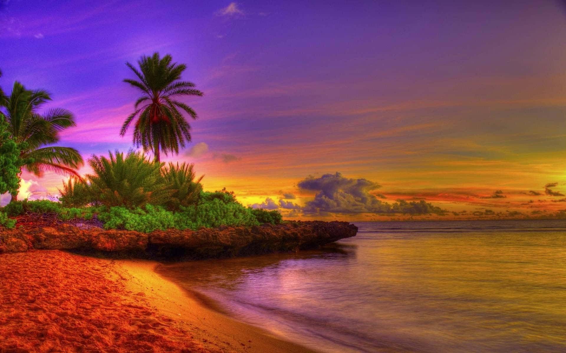 Tropical Island, sunset, purple orange and yellow hues, Full HD Desktop Wallpaper