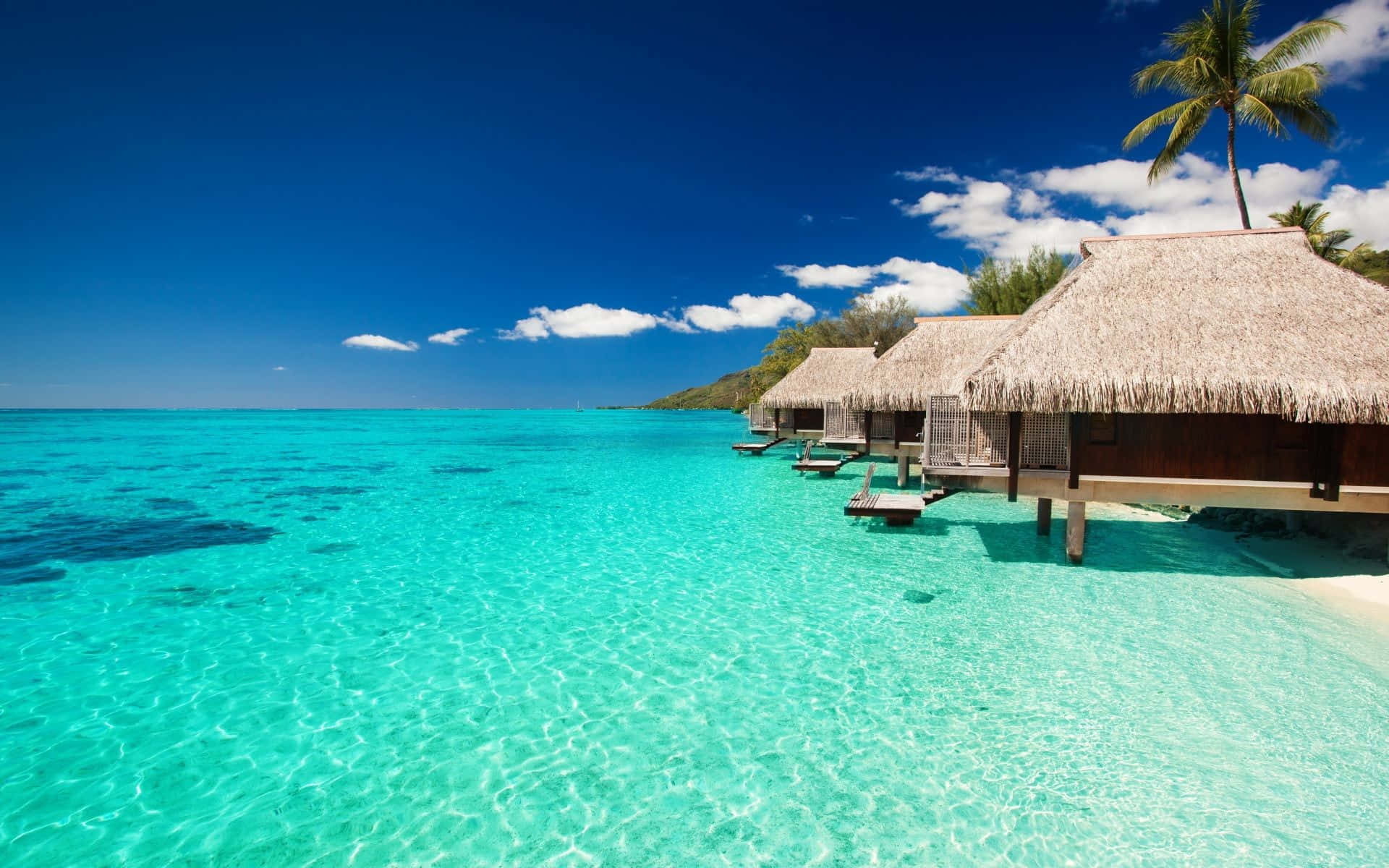 Tropical Island, overwater bungalows, thatched roofs, Full HD Desktop Wallpaper