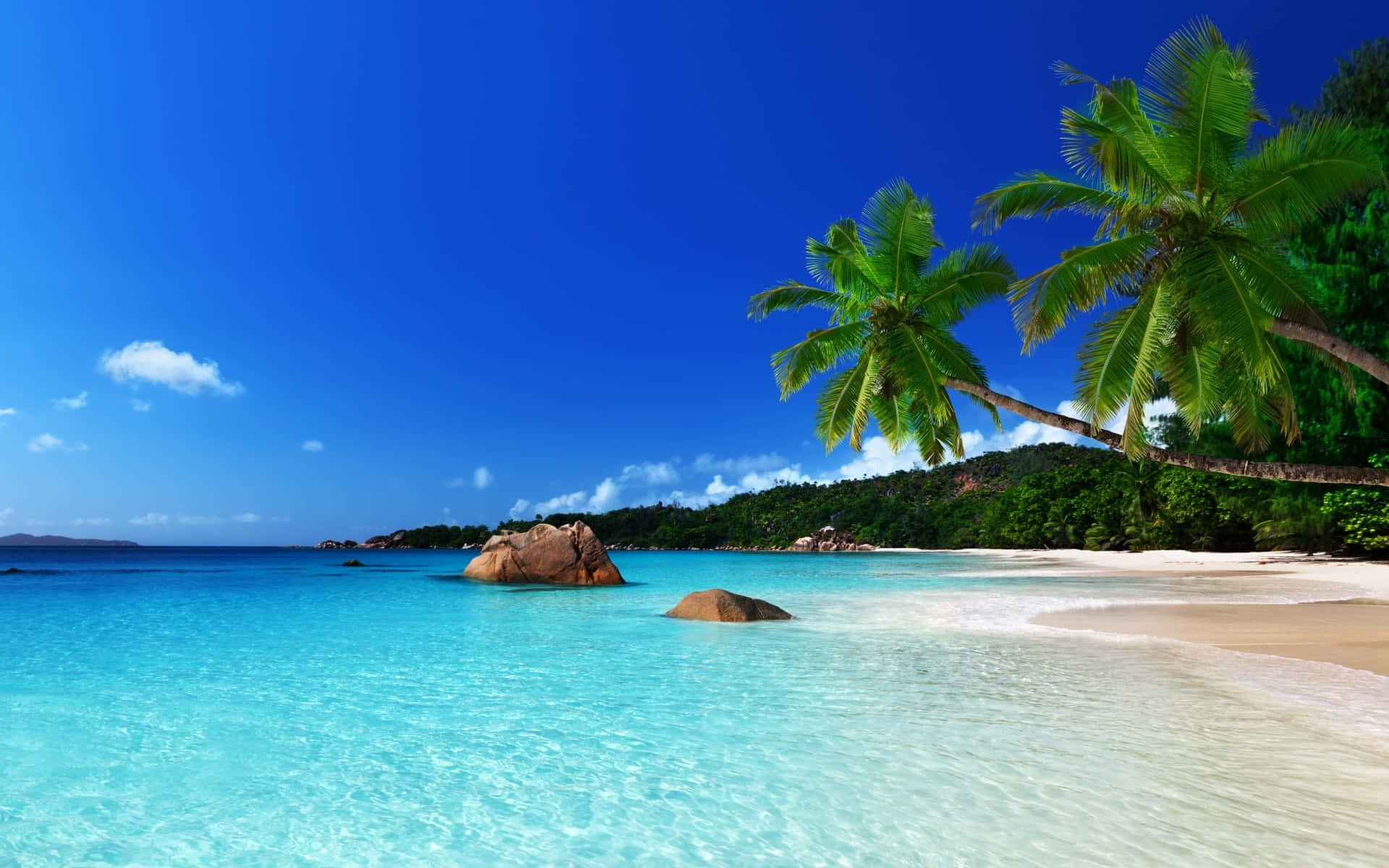 Tropical Island, turquoise waters, white sand beach, Full HD Desktop Wallpaper