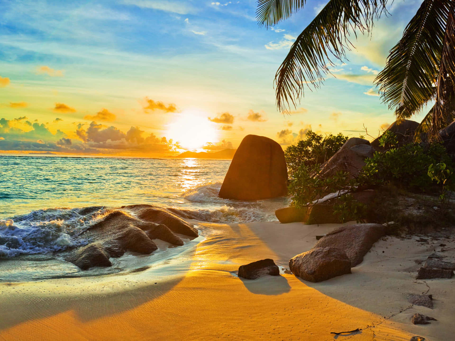 tropical island, sunset, palm trees, Full HD Desktop Wallpaper