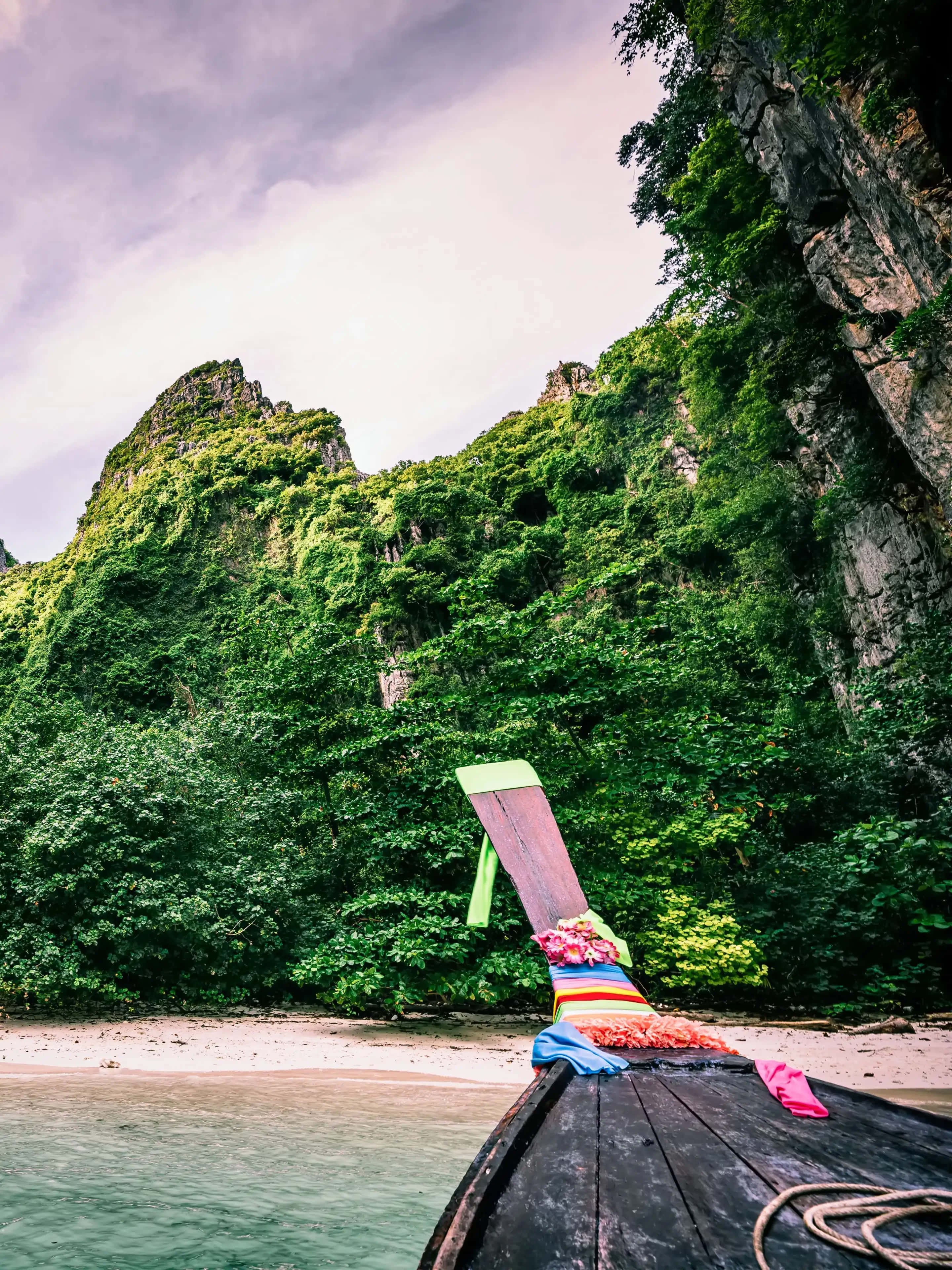 longtail boat, sandy beach, lush green cliffs, 4K Phone Wallpaper