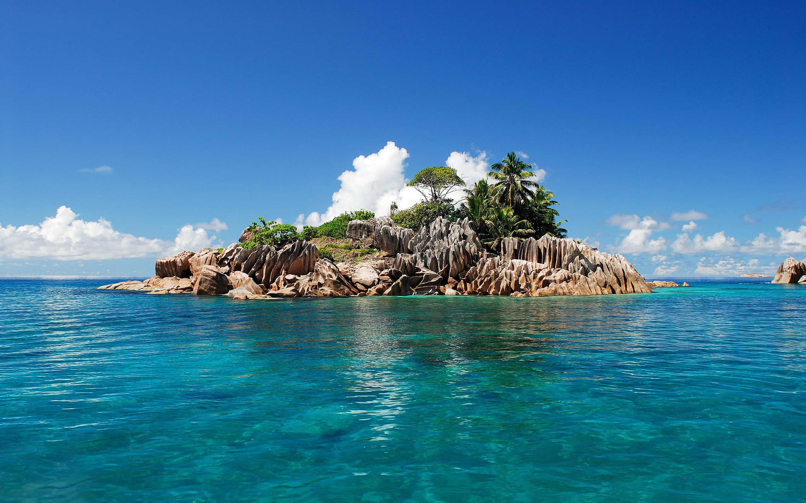 tropical island, rugged brown rocks, lush green palms, 2K Desktop Wallpaper