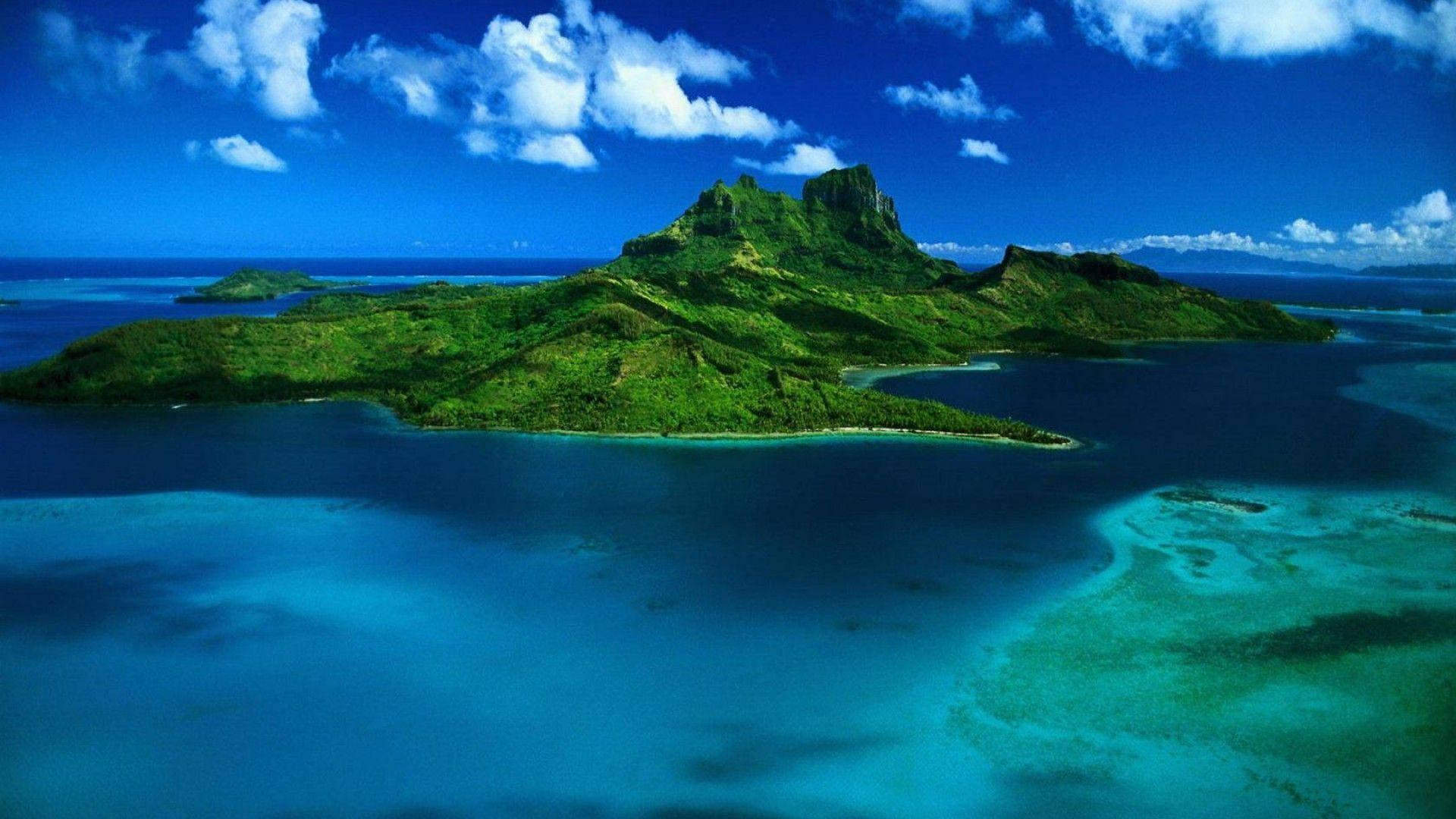 Tropical Island, lush green island, jagged peaks, Full HD Desktop Wallpaper