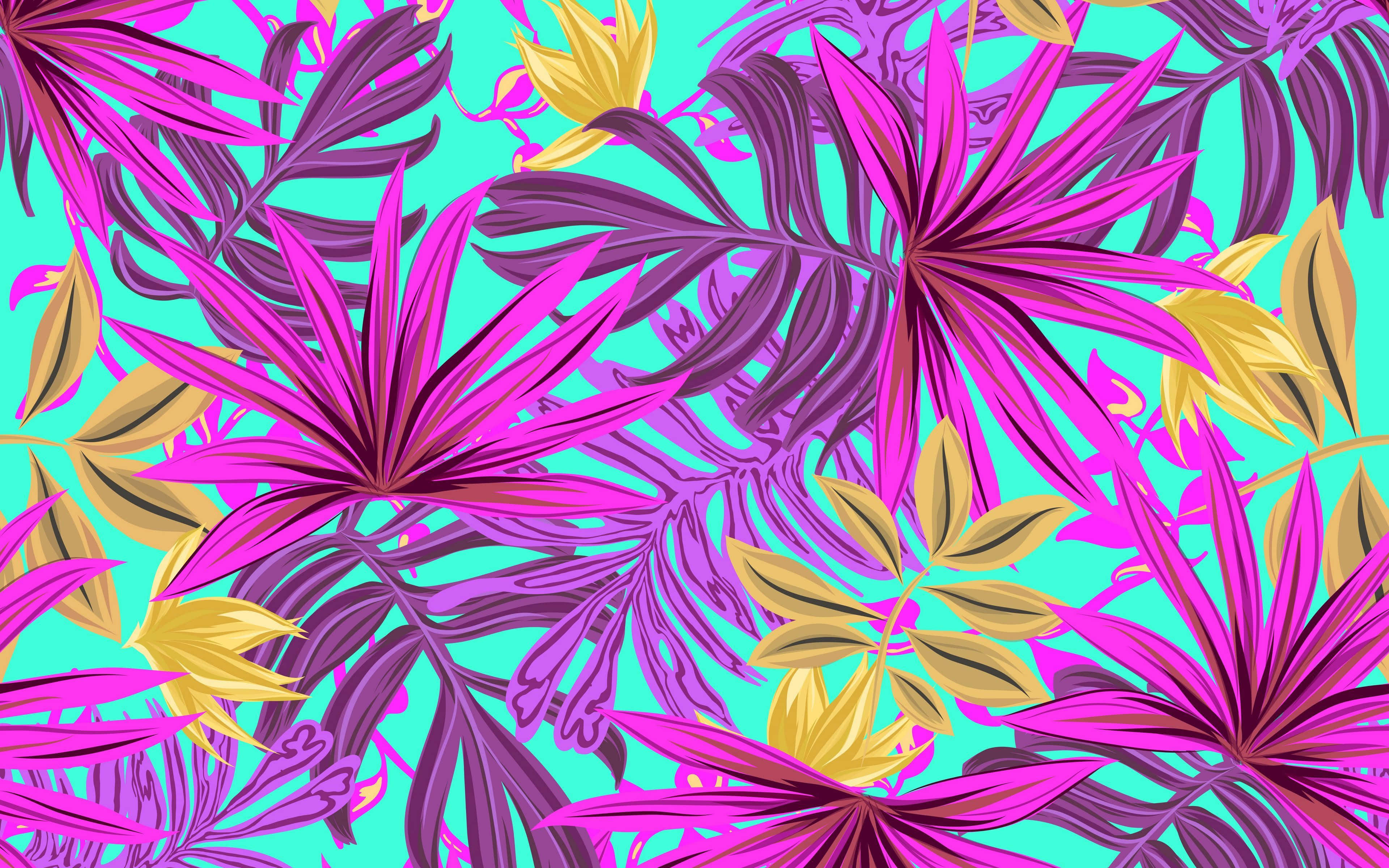Tropical Leaves Desktop, magenta purple, gold, 4K Desktop Wallpaper