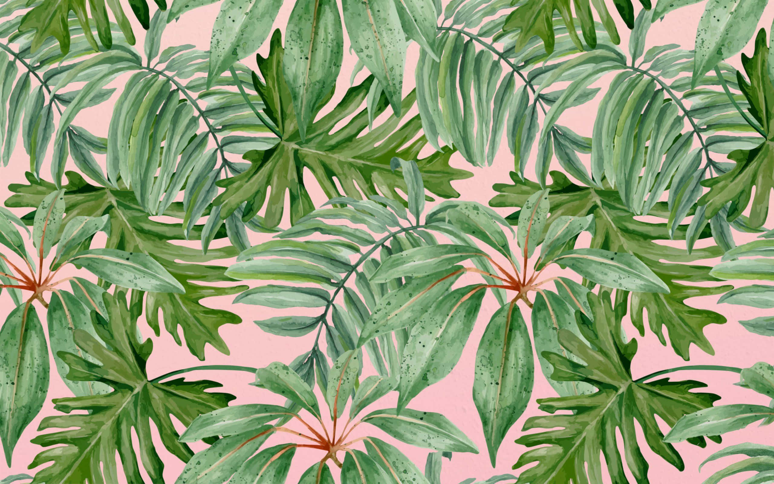 tropical leaves, watercolor, varying greens, 2K Desktop Wallpaper
