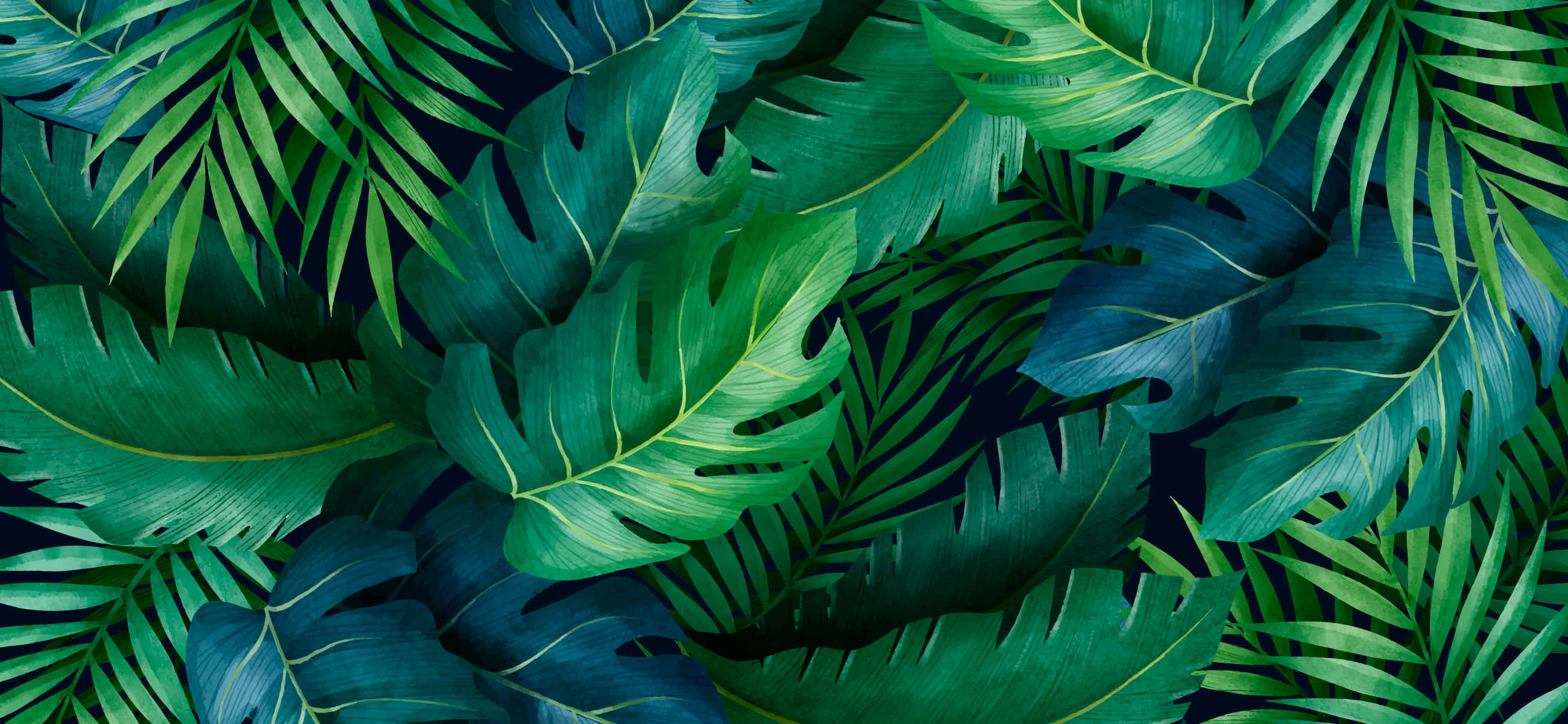 tropical leaves desktop, lush jungle pattern, rich green hues, 2K Desktop Wallpaper