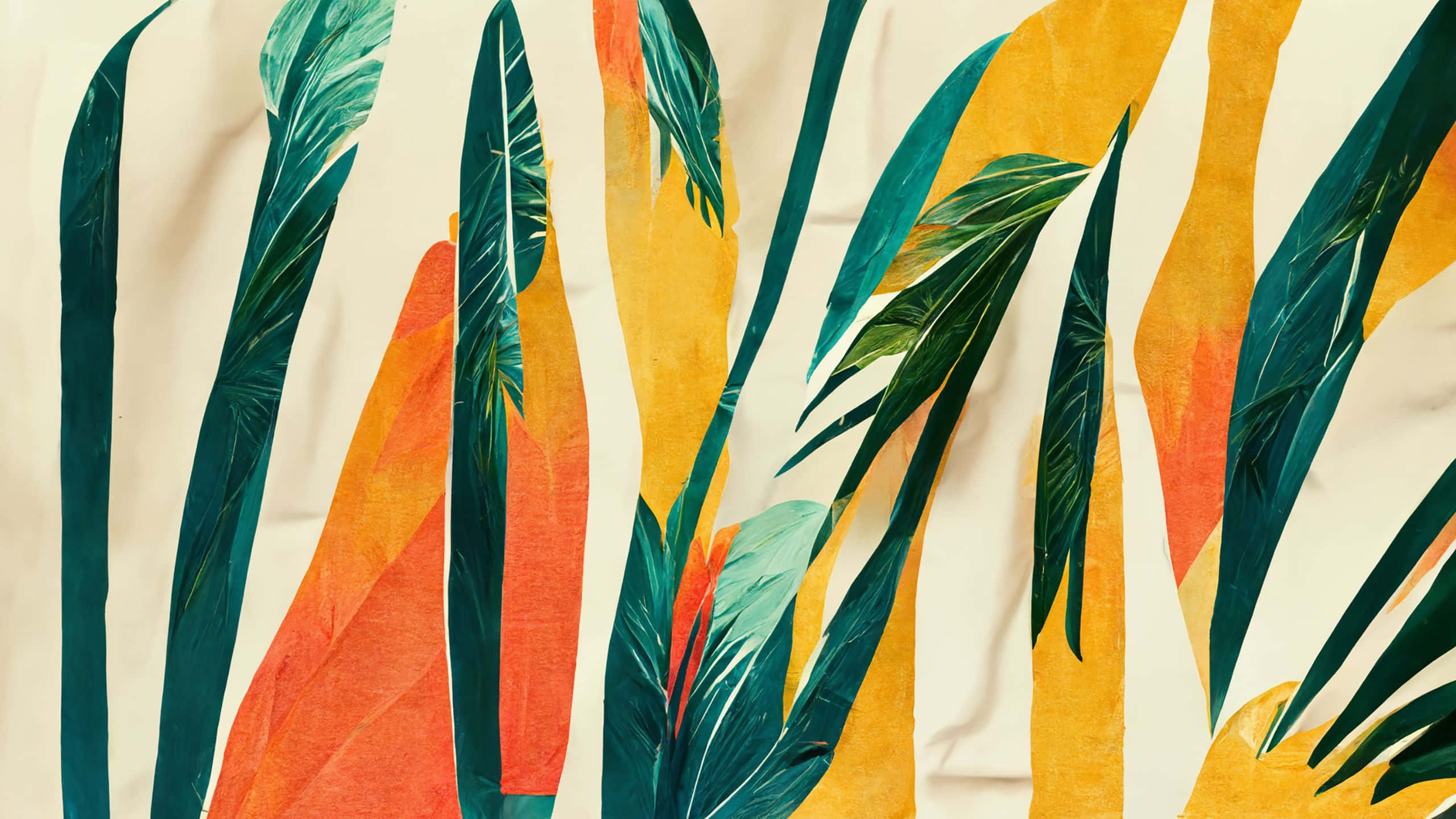 tropical leaf, yellow and orange background, teal and orange streak, 2K Desktop Wallpaper