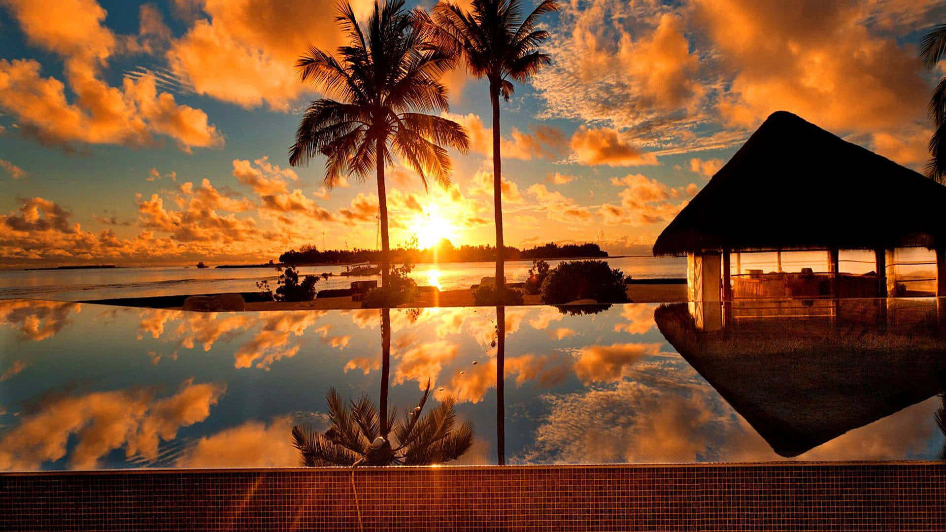 Tropical Sunset, infinity pool, fiery sunset, Full HD Desktop Wallpaper