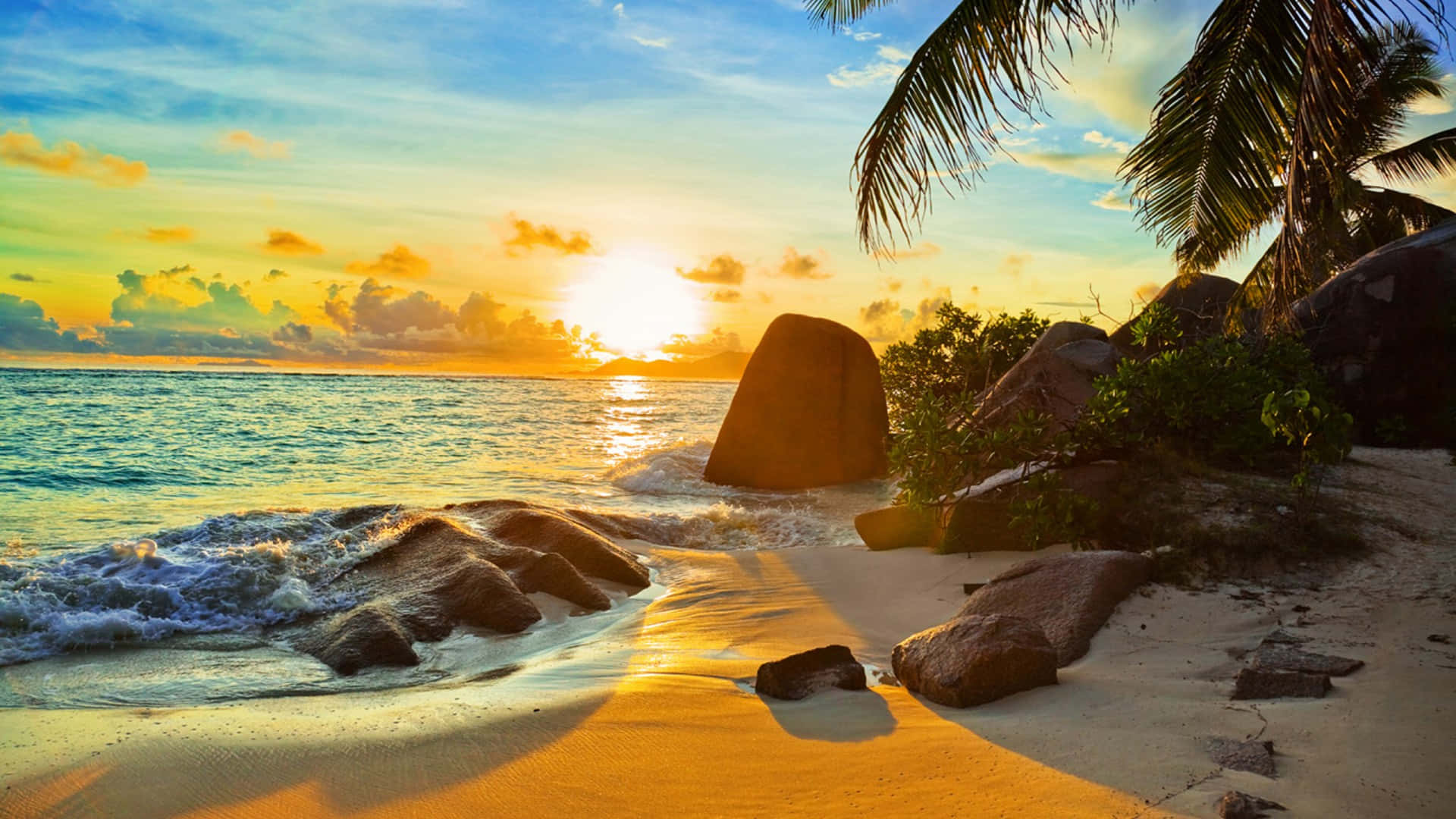 Tropical Sunset, rocky beach, golden sunset, Full HD Desktop Wallpaper