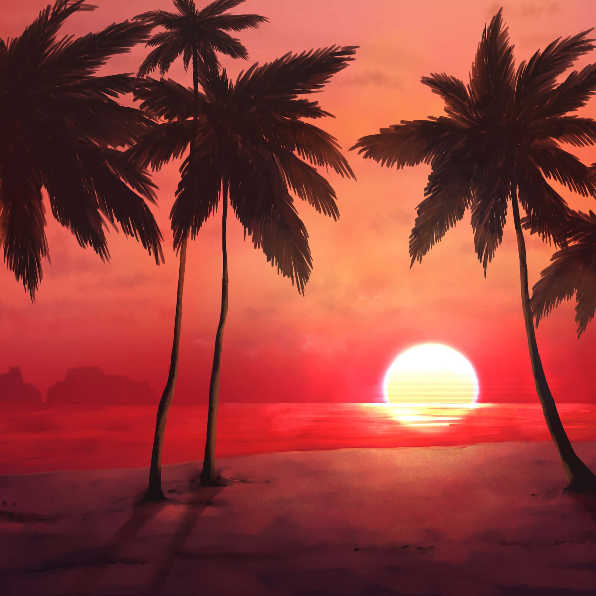 Tropical Pink Sunset Painting, palm trees, fiery red sunset, Full HD Desktop Wallpaper