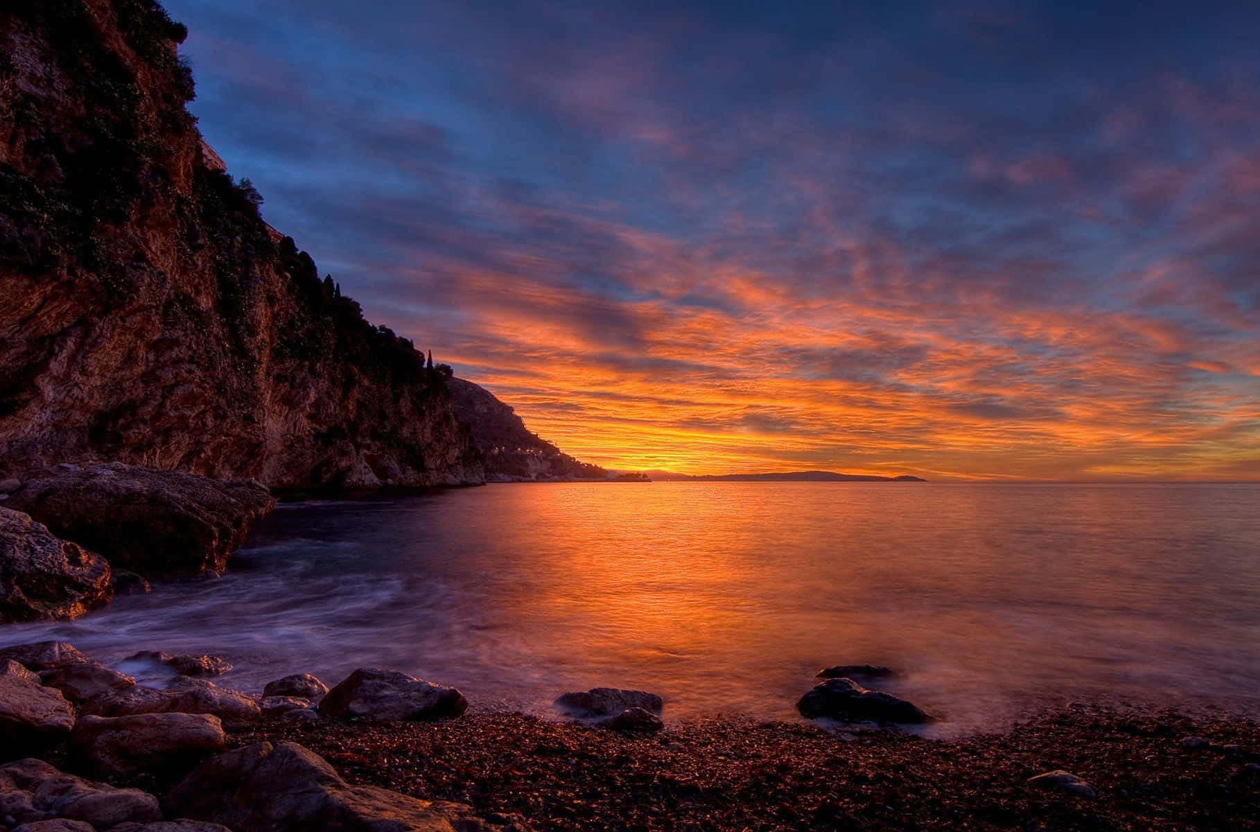 coastal sunset, fiery orange, deep blue, HD Desktop Wallpaper