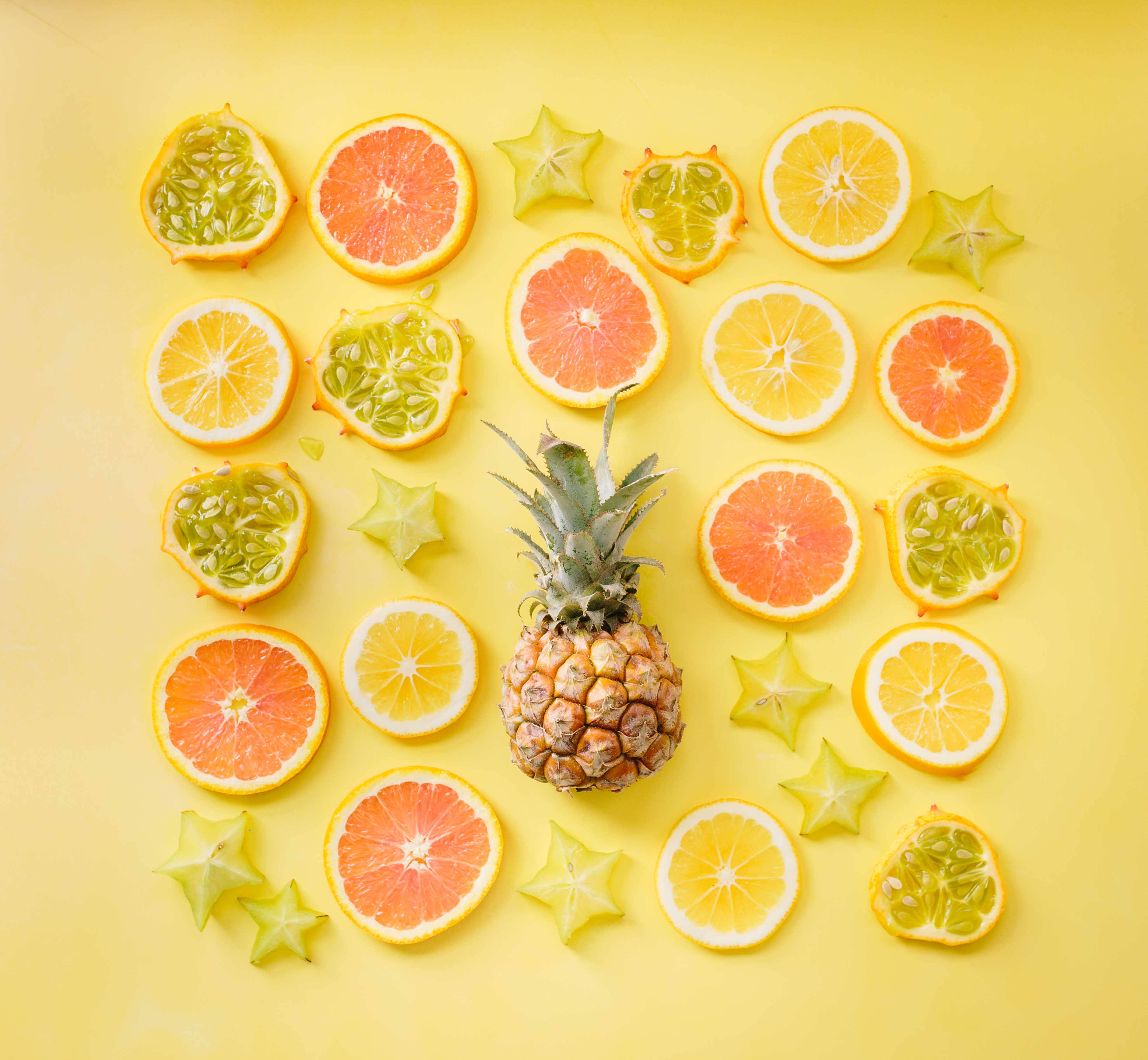 pineapple, sliced citrus fruits, starfruit, 4K Desktop Wallpaper