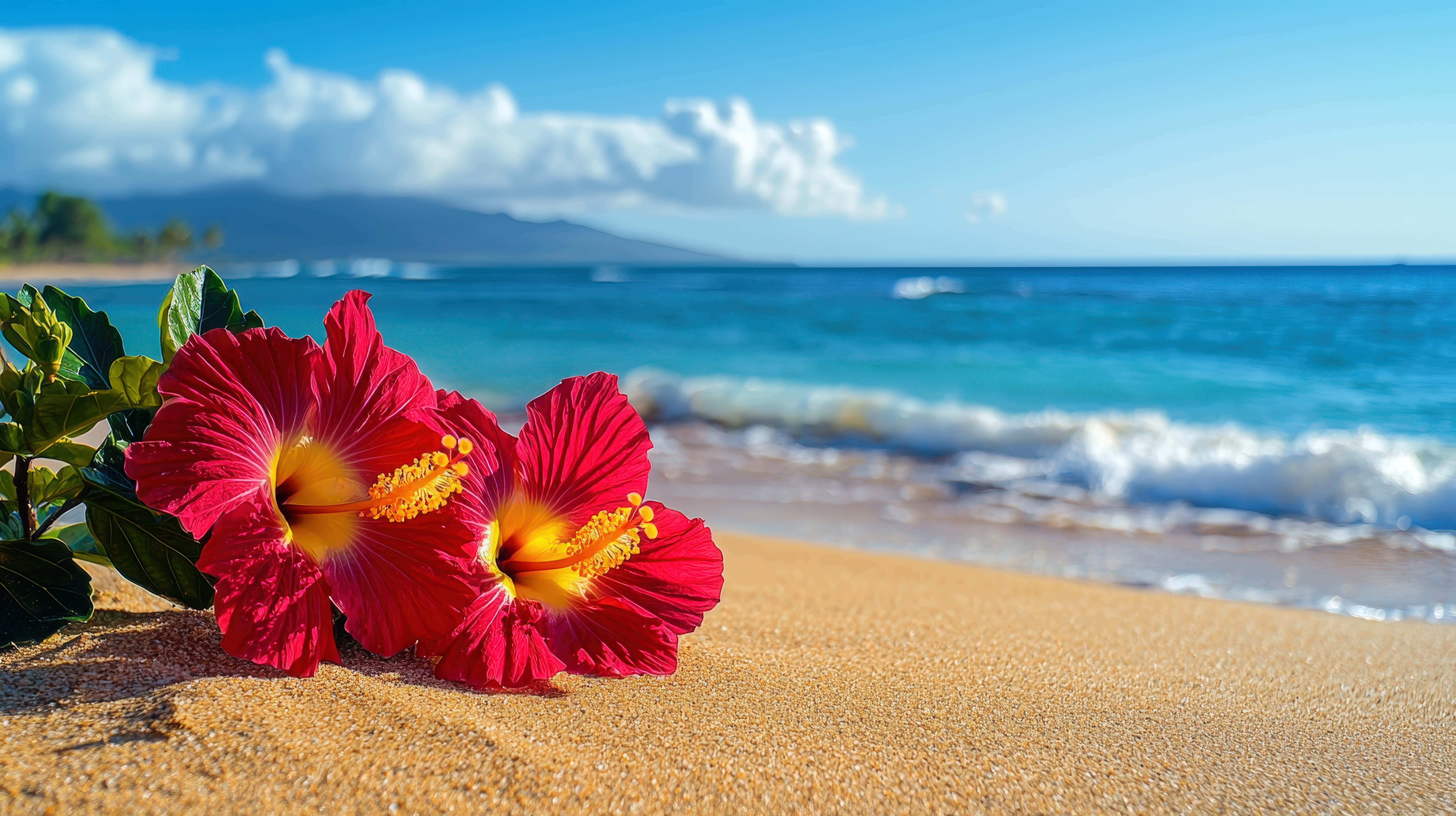 vibrant red hibiscus flowers, tropical beach, golden sand, 8K Desktop Wallpaper
