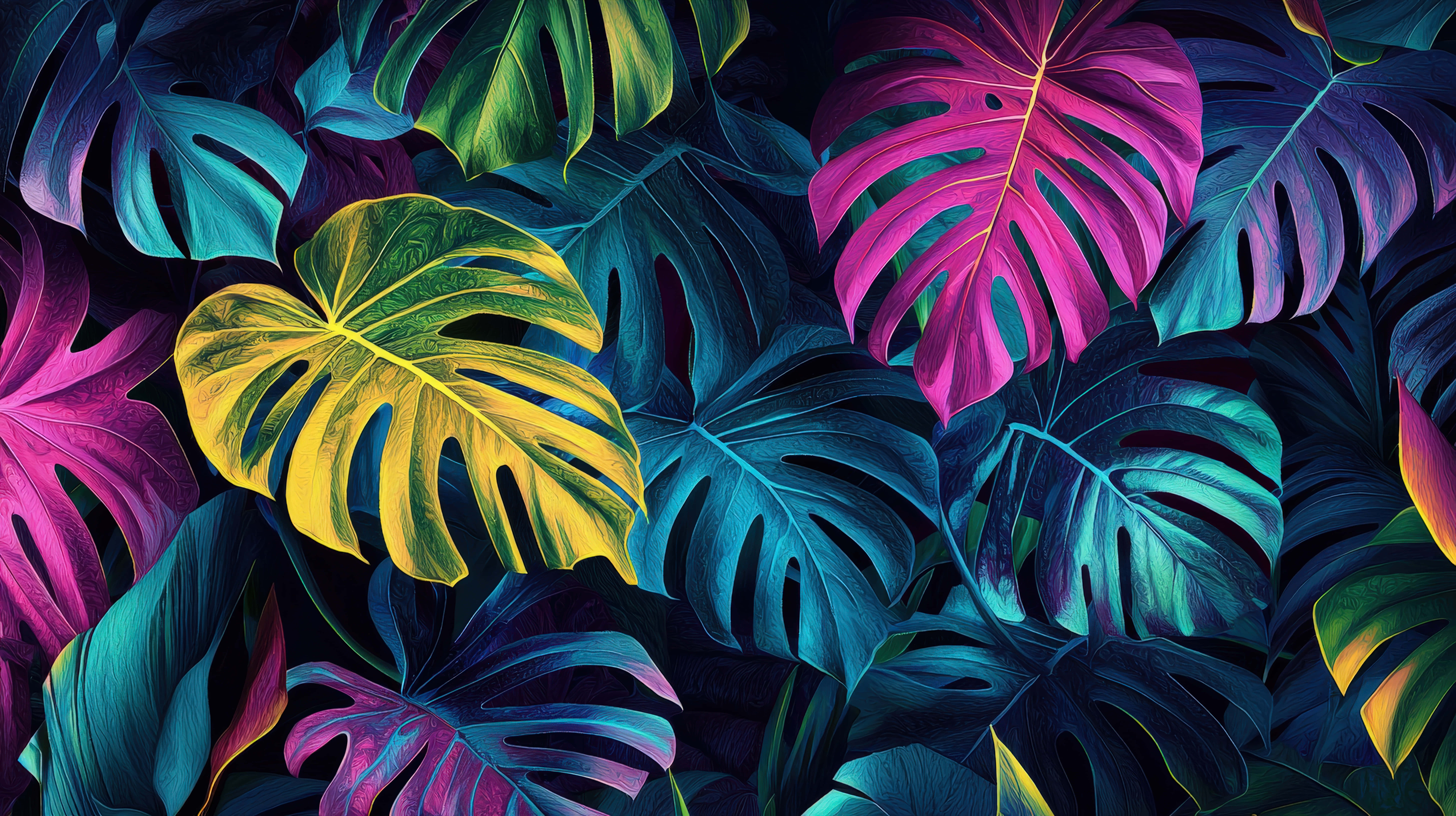 neon monstera leaves, electric pink, yellow, 8K Desktop Wallpaper