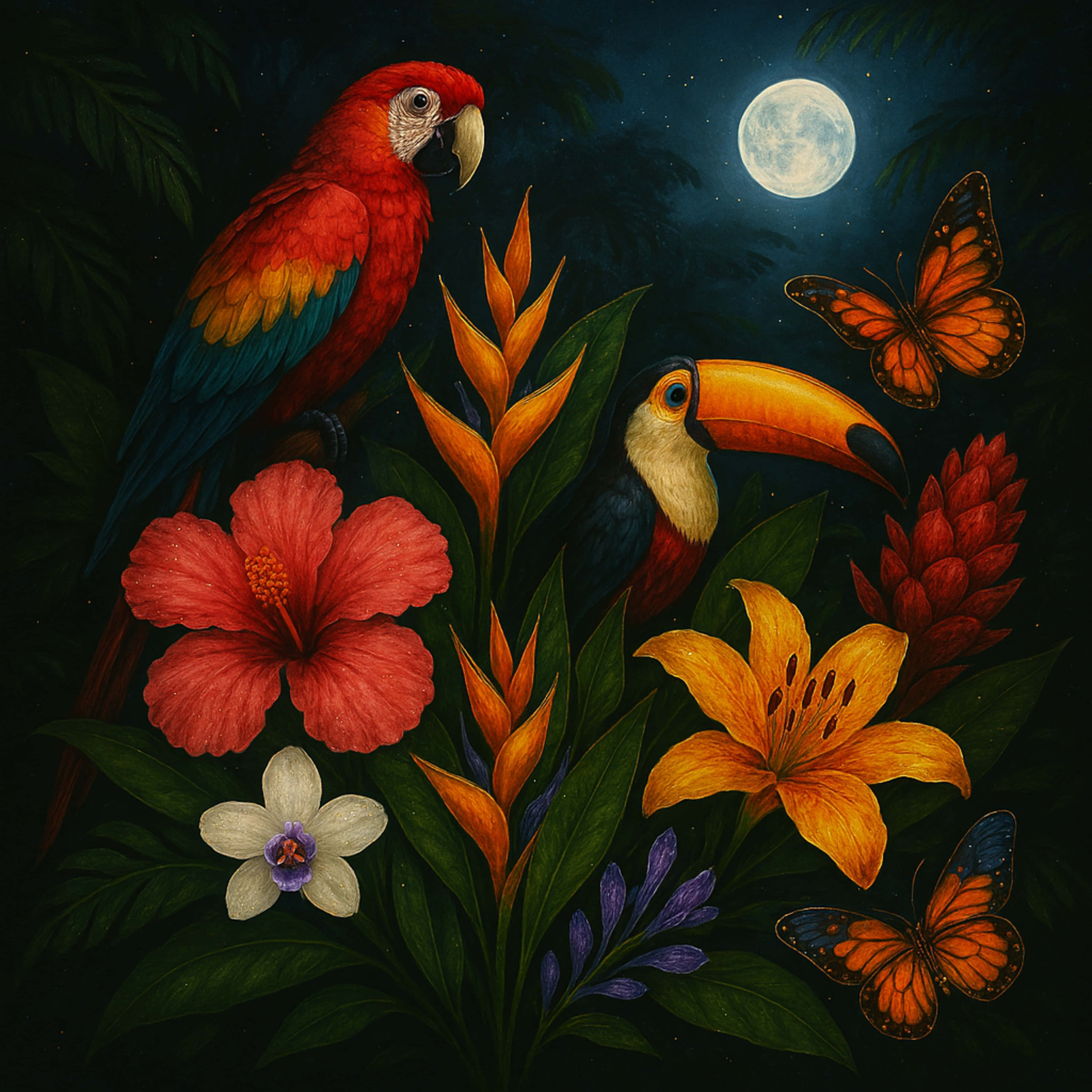 red macaw, toucan, colorful flowers, 4K Desktop Wallpaper