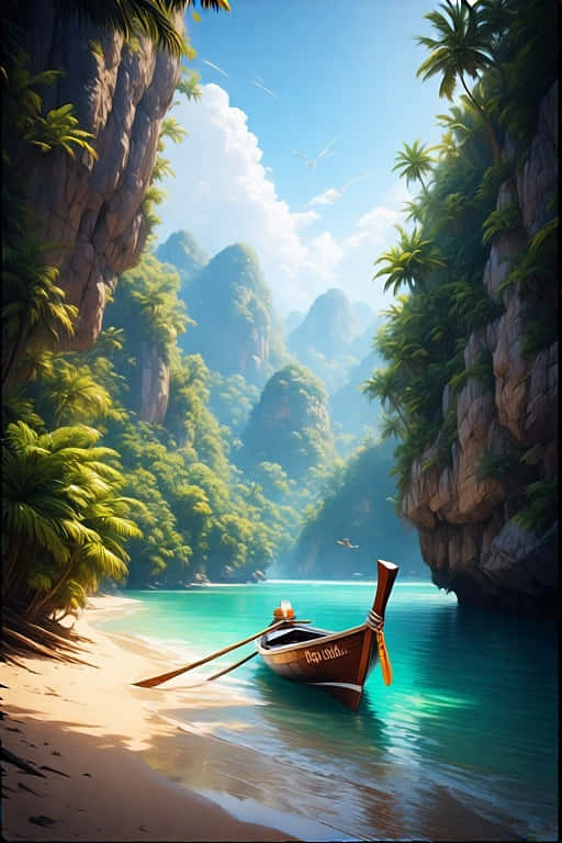 longtail boat, limestone cliffs, golden sand beach, SD Phone Wallpaper