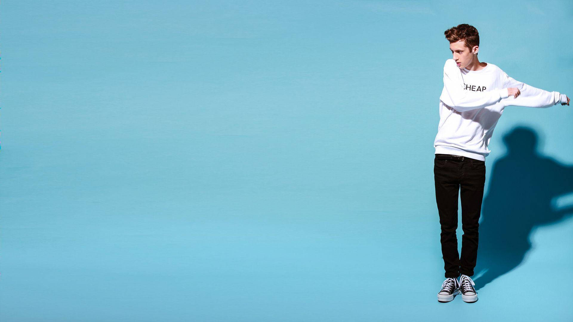 Troye Sivan, light blue, white sweatshirt, Full HD Desktop Wallpaper