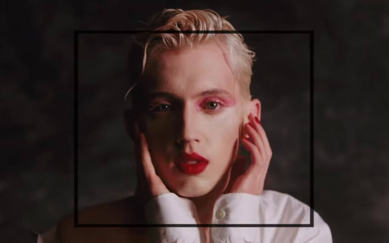 Troye Sivan, platinum blonde hair, bold red lips, SD Desktop Wallpaper