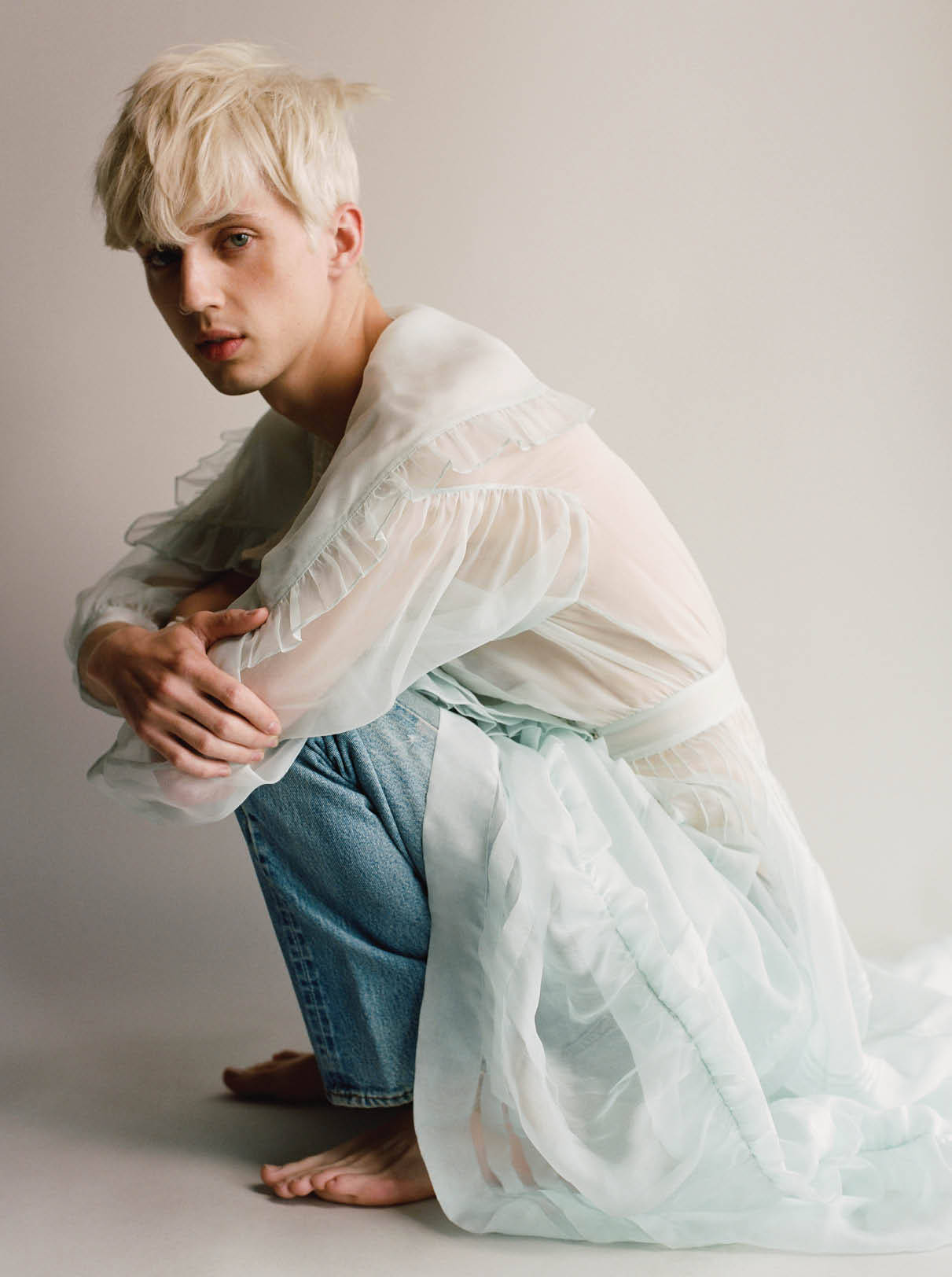 Troye Sivan, platinum blonde hair, sheer white ruffled top, HD Phone Wallpaper