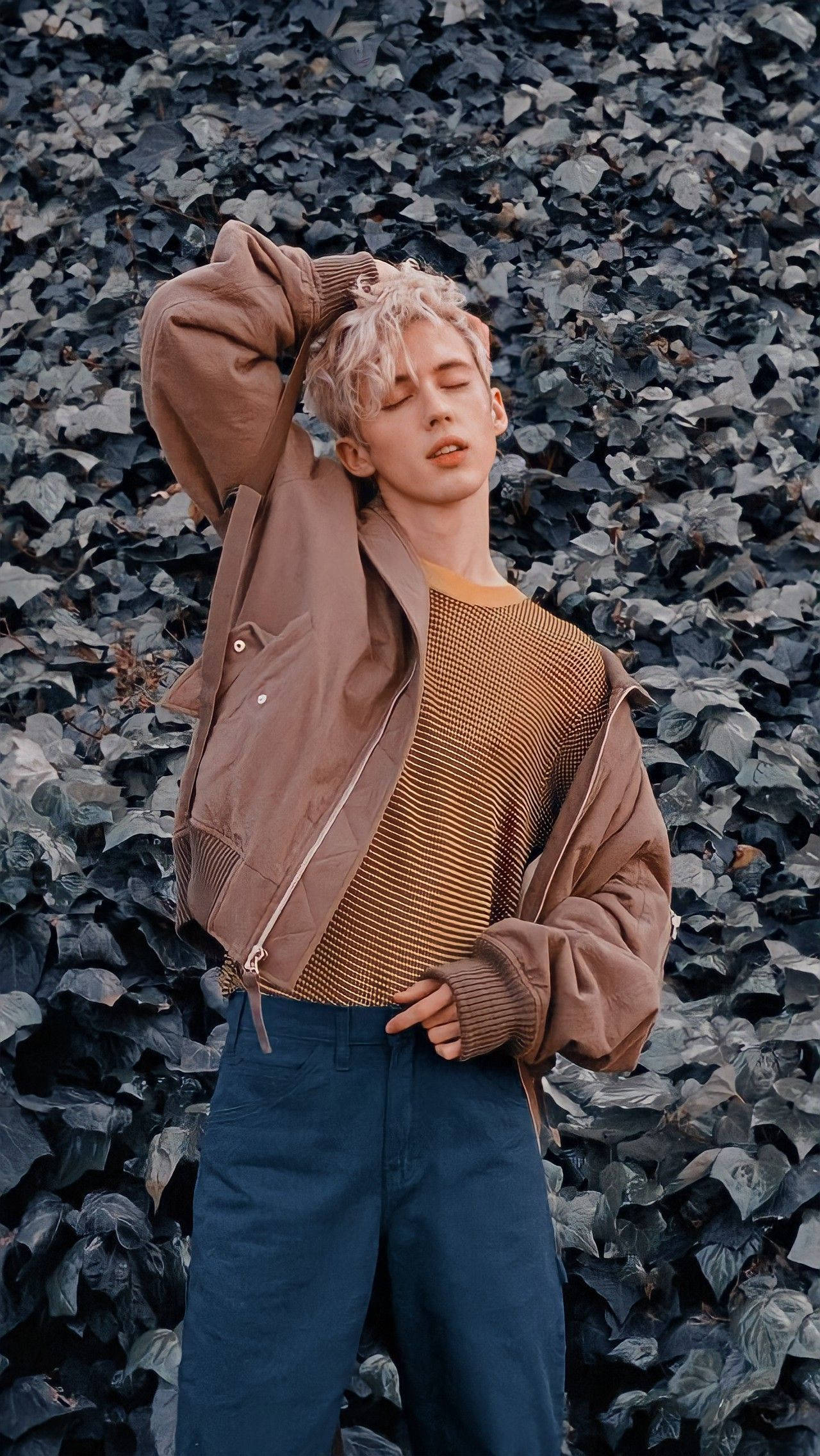 Troye Sivan, blonde hair, brown jacket, Full HD Phone Wallpaper