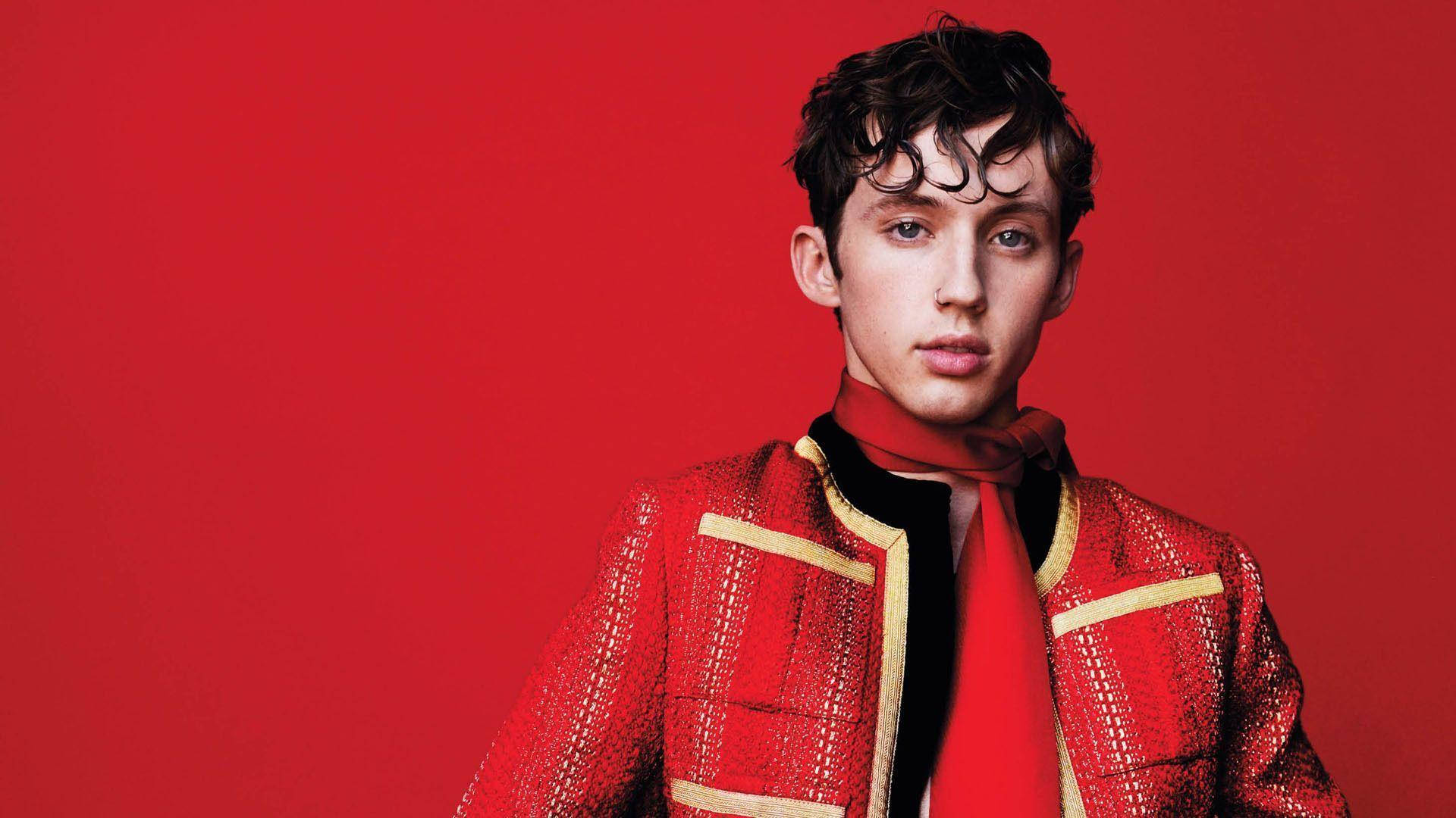 Troye Sivan, red jacket, gold trim, Full HD Desktop Wallpaper