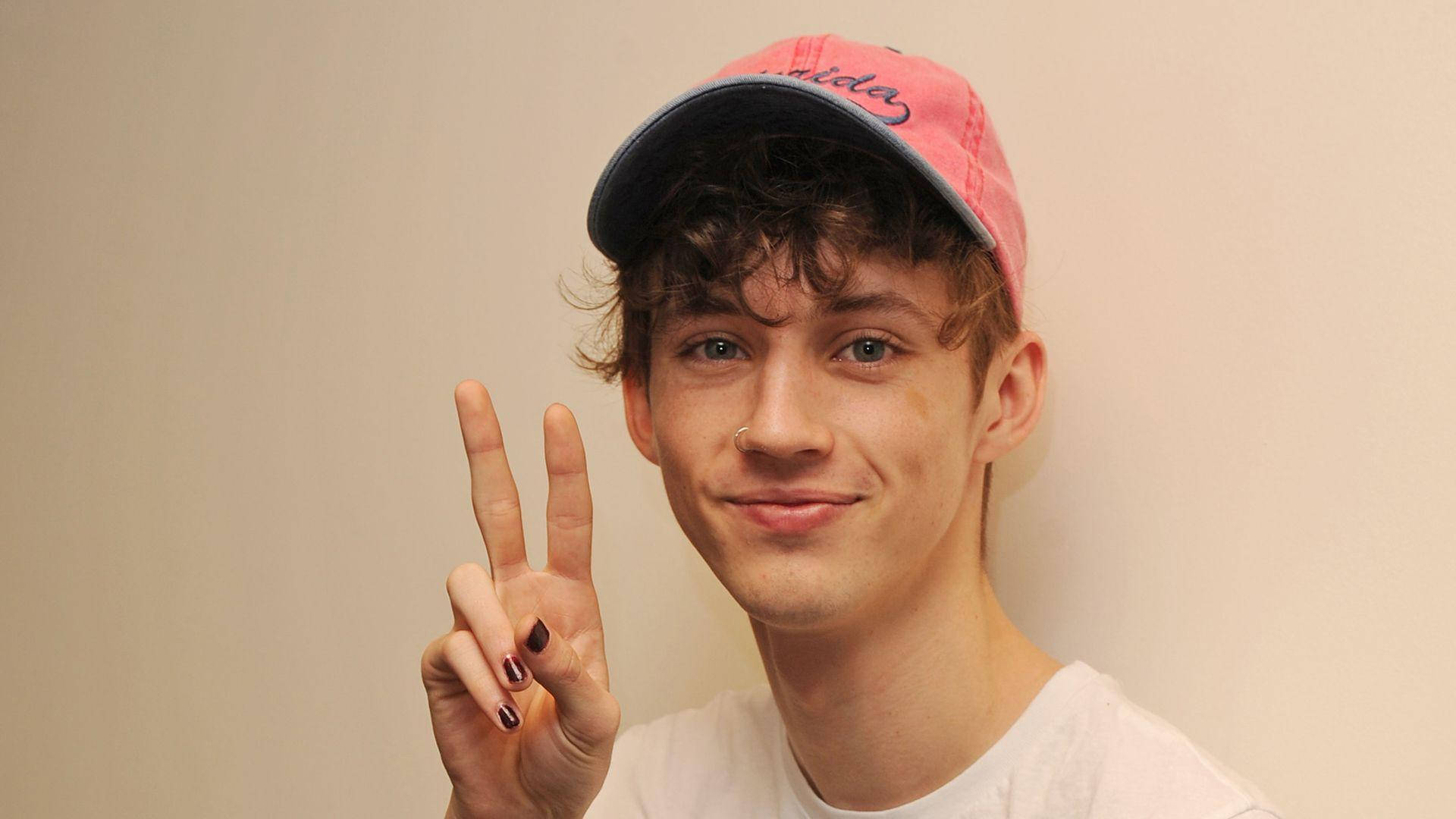 Troye Sivan, peace hand sign, curly hair, Full HD Desktop Wallpaper