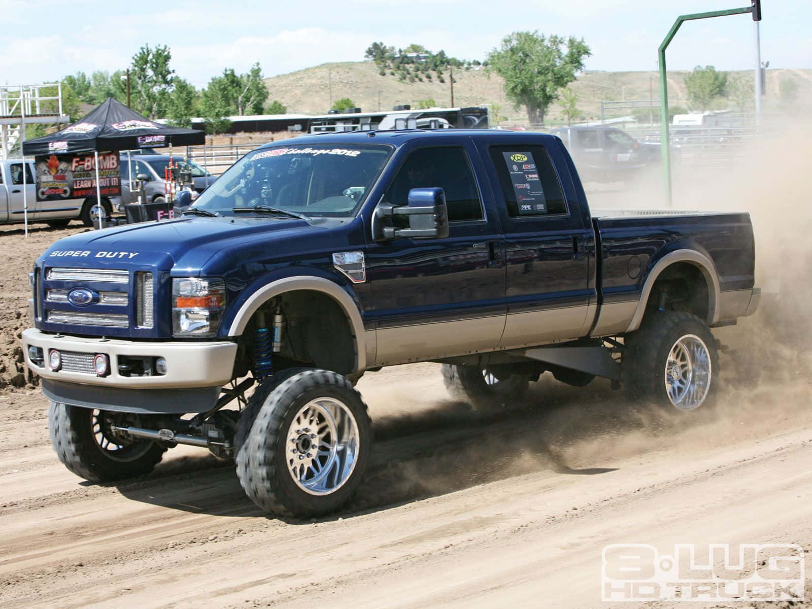 blue Ford Super Duty, lifted, dirt track, HD Desktop Wallpaper