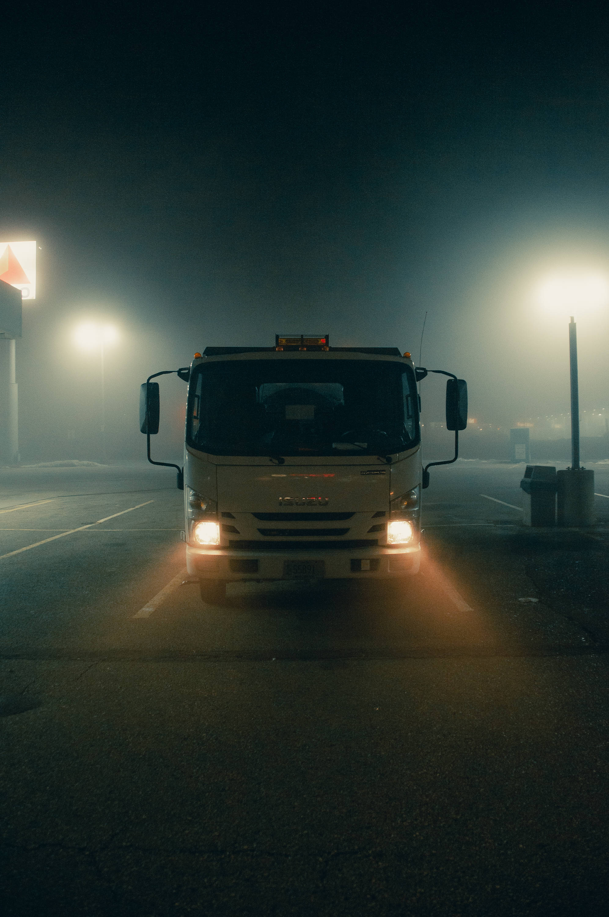 white truck, headlights, thick fog, 2K Phone Wallpaper