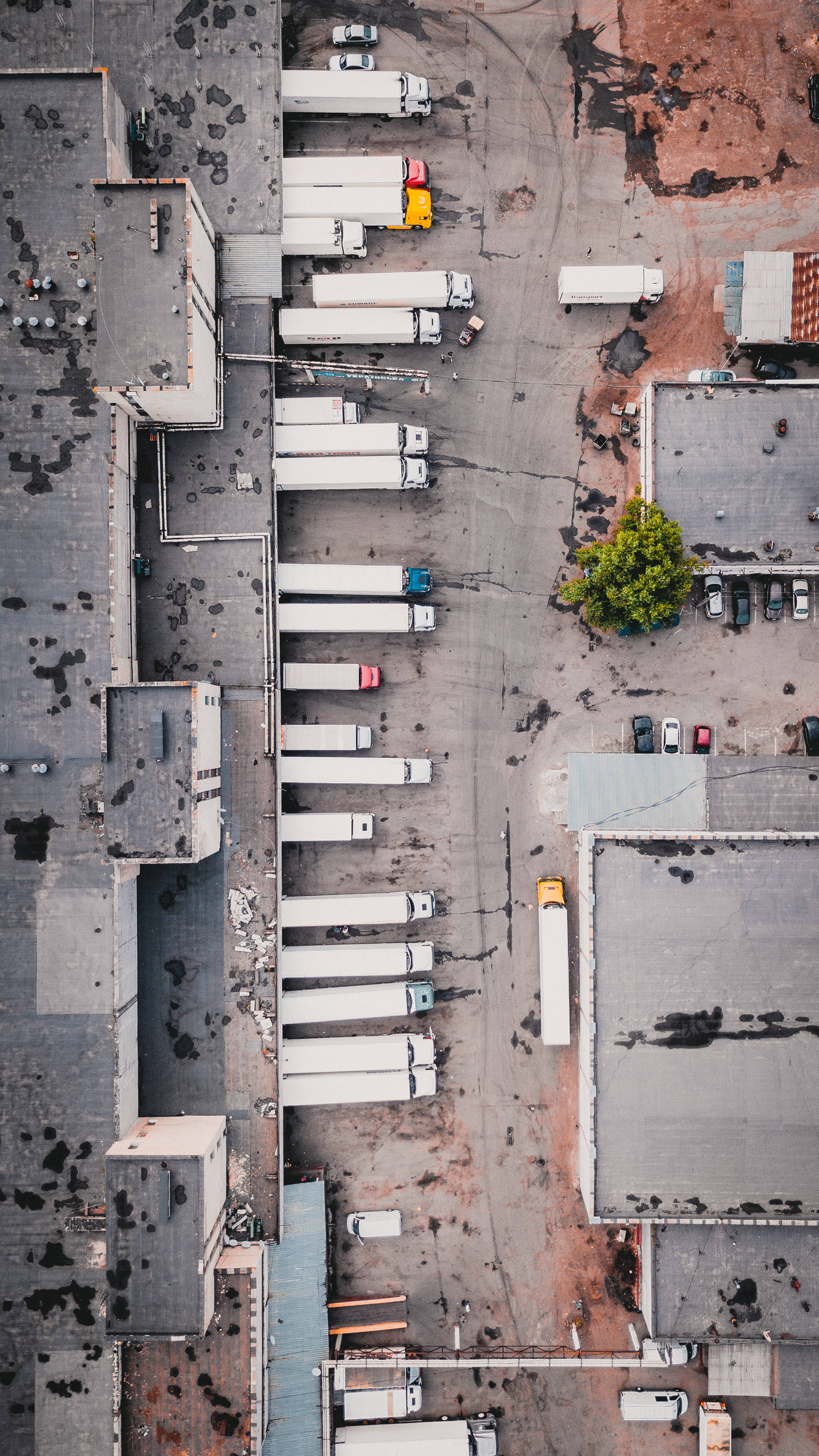 aerial view, industrial yard, semi-trucks, 4K Phone Wallpaper