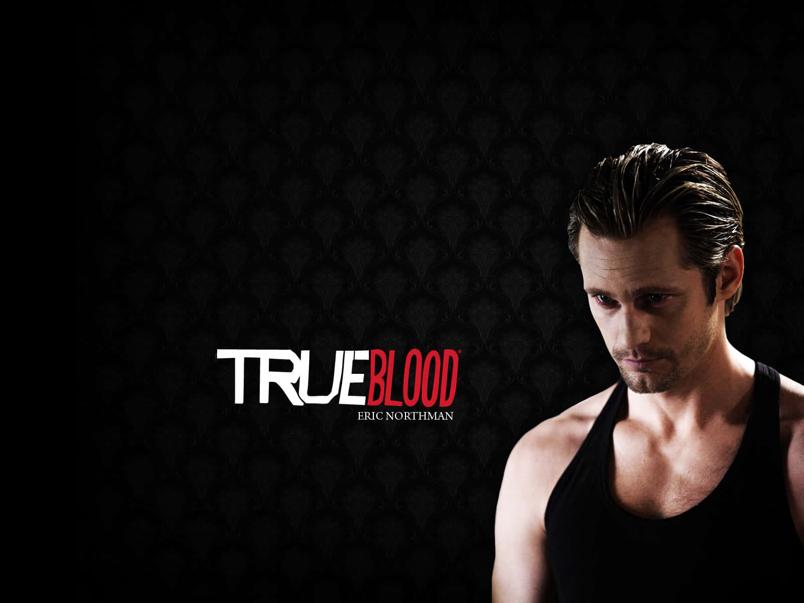 True Blood, black tank top, dark patterned background, HD Desktop Wallpaper