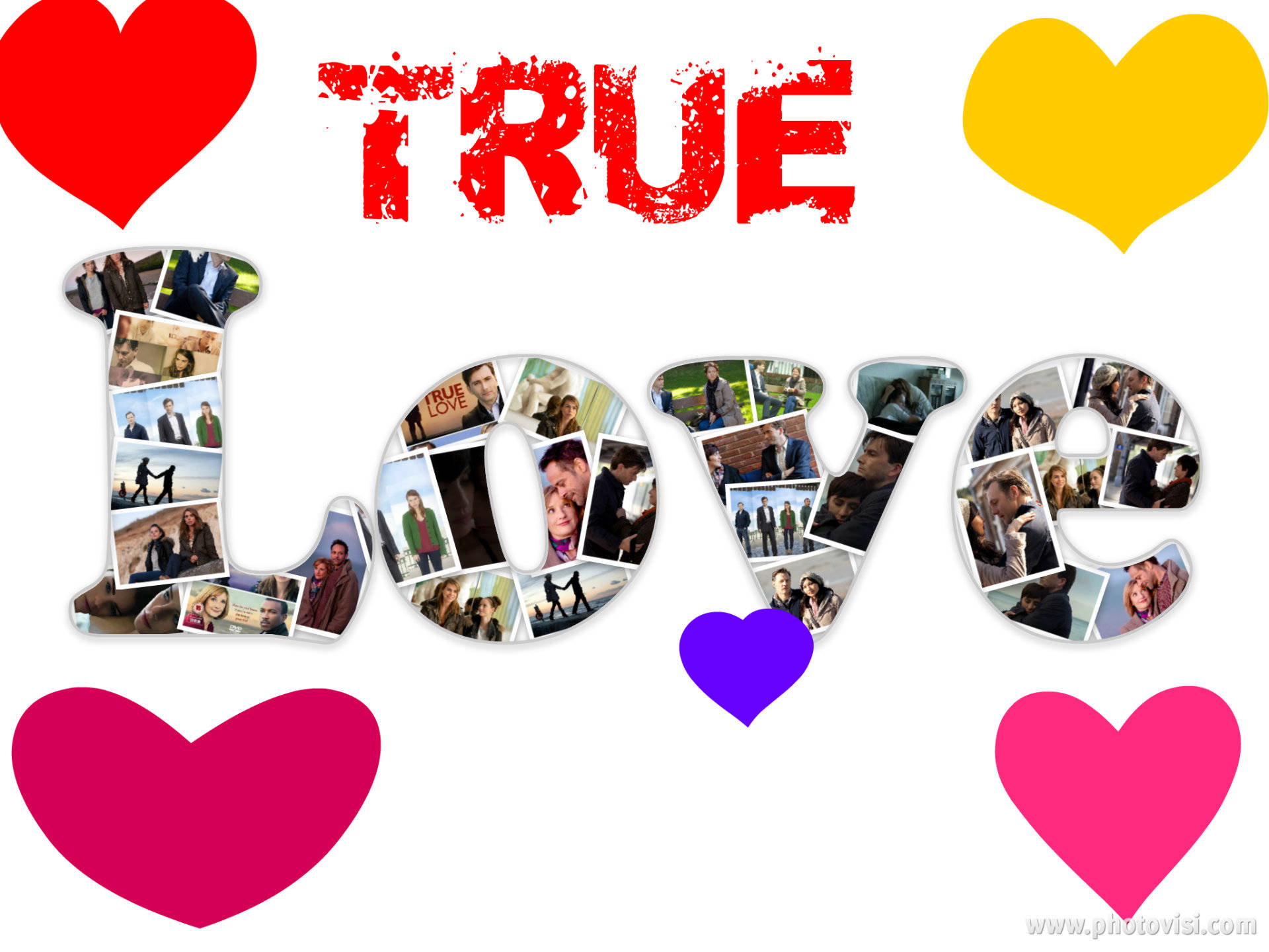 TRUE LOVE, red letters, colorful hearts, Full HD Desktop Wallpaper
