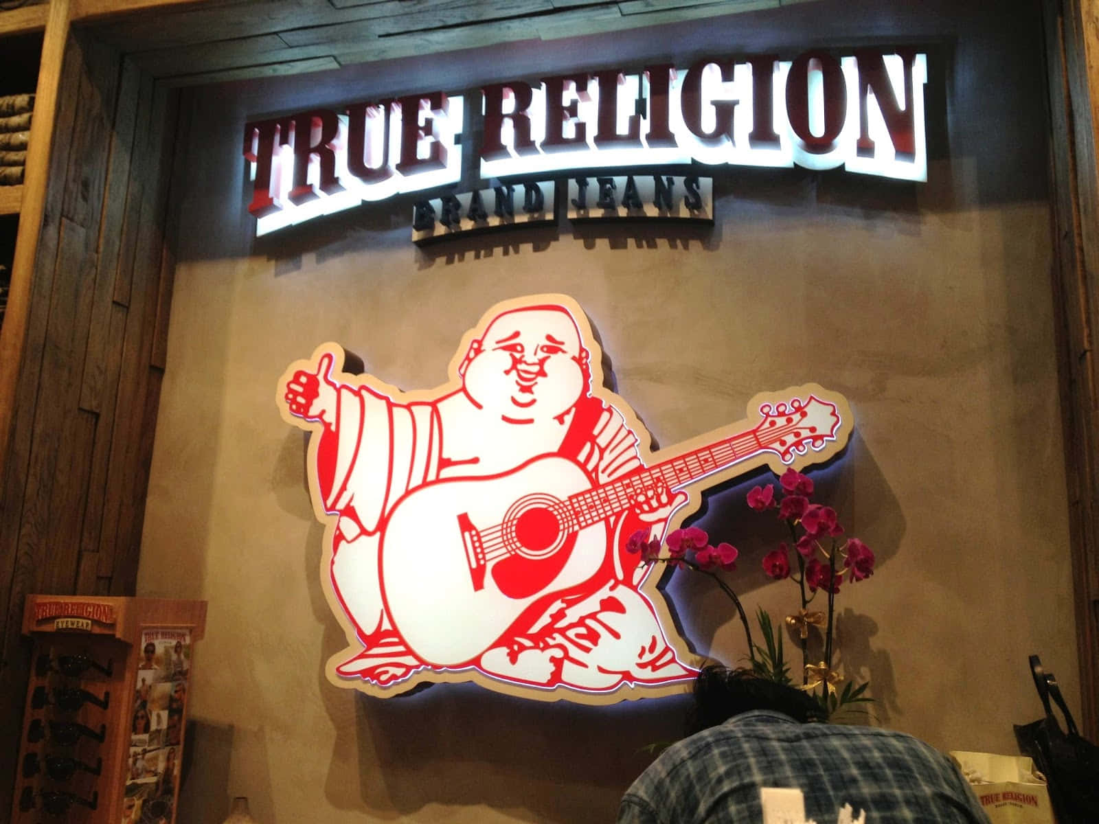 True Religion, red and white cartoon Buddha, guitar, HD Desktop Wallpaper