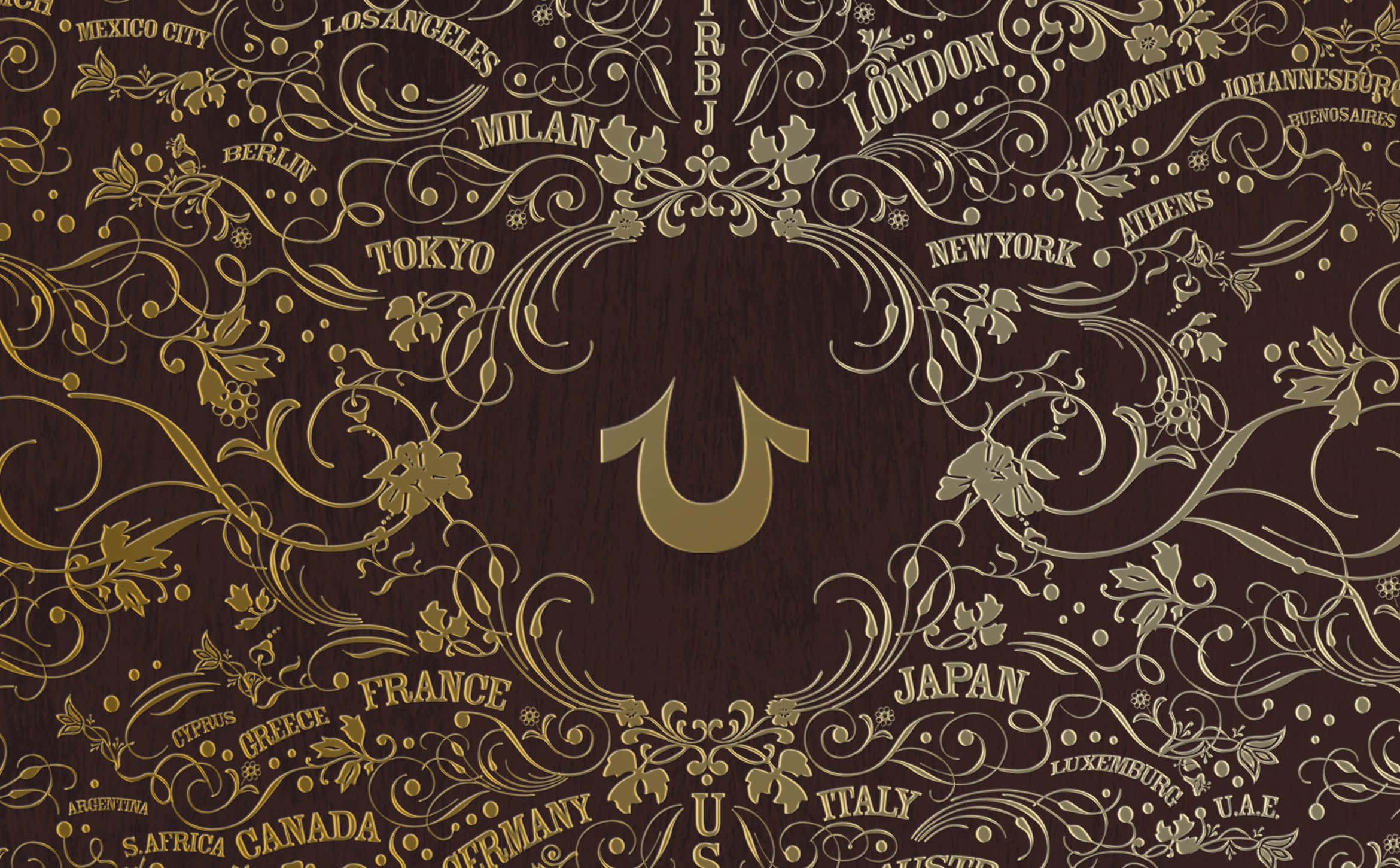 True Religion, gold ornate typography, global city names, Full HD Desktop Wallpaper