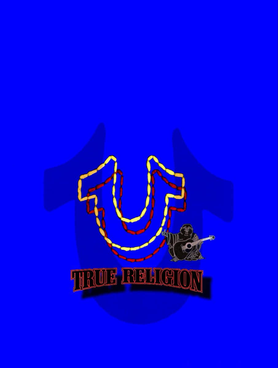 True Religion, bold blue t-shirt, stylized 'U' outlined in red and yellow beads, SD Phone Wallpaper