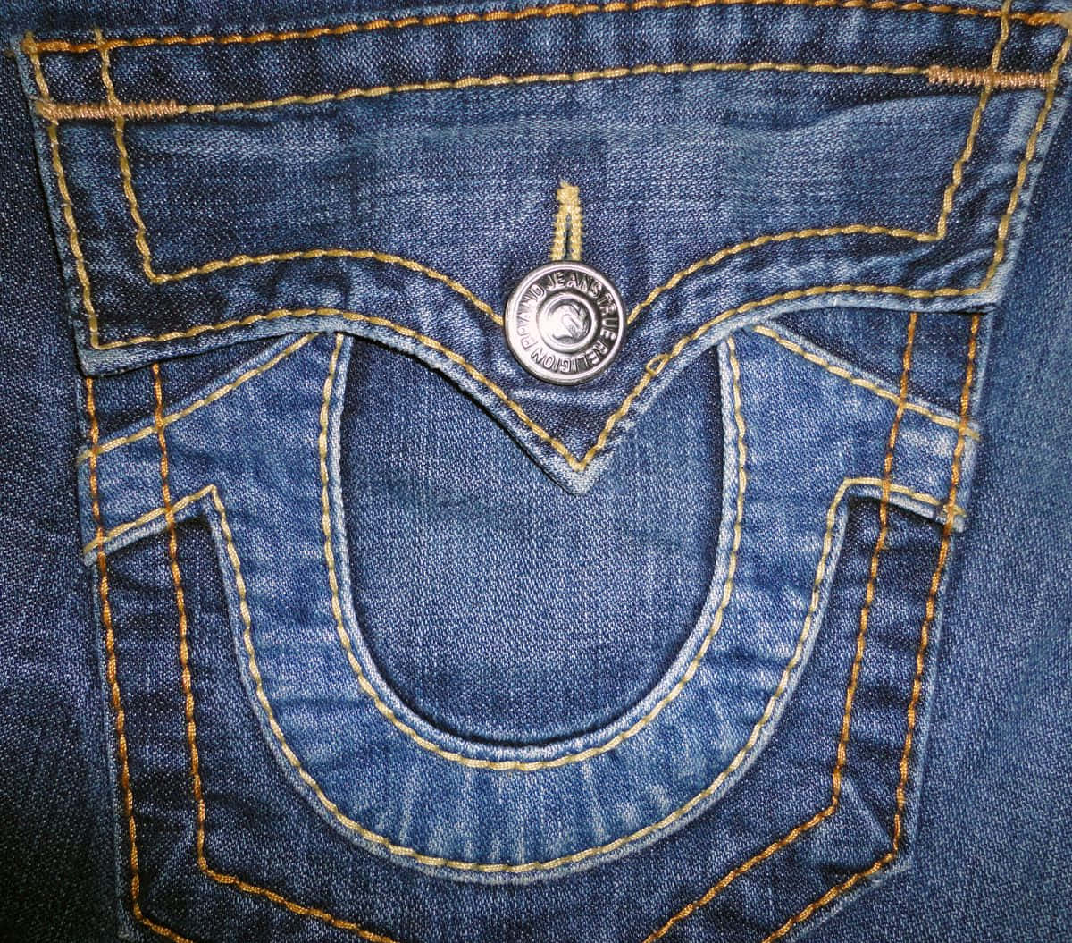 True Religion, blue denim jeans, yellow stitching, SD Desktop Wallpaper