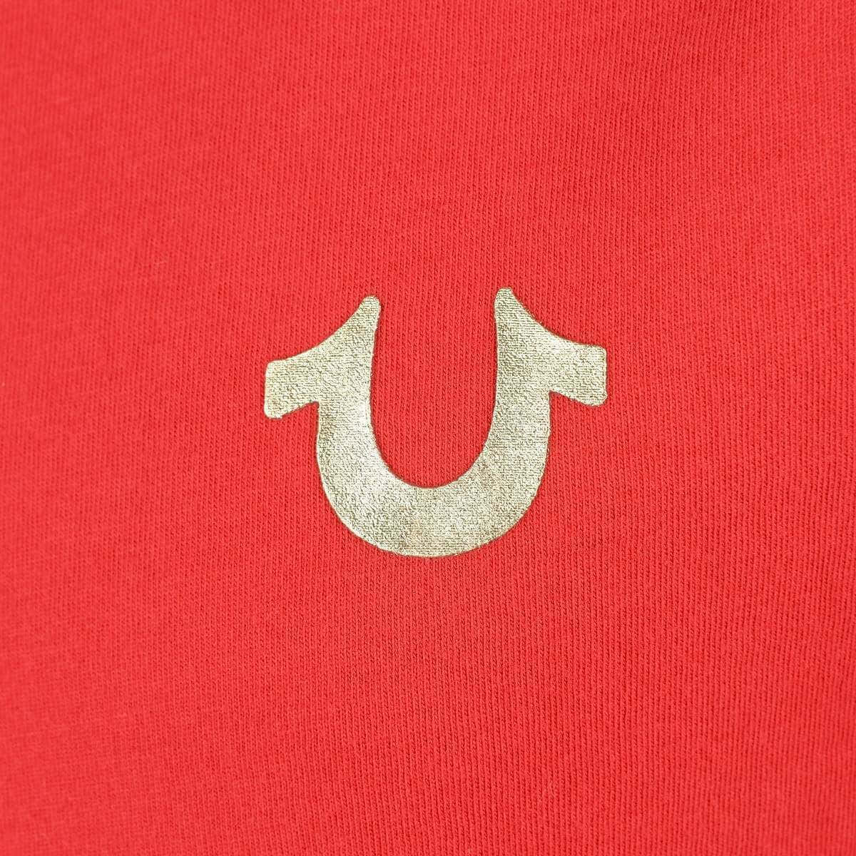 True Religion, gold metallic U-shaped logo, textured red fabric background, SD Desktop Wallpaper