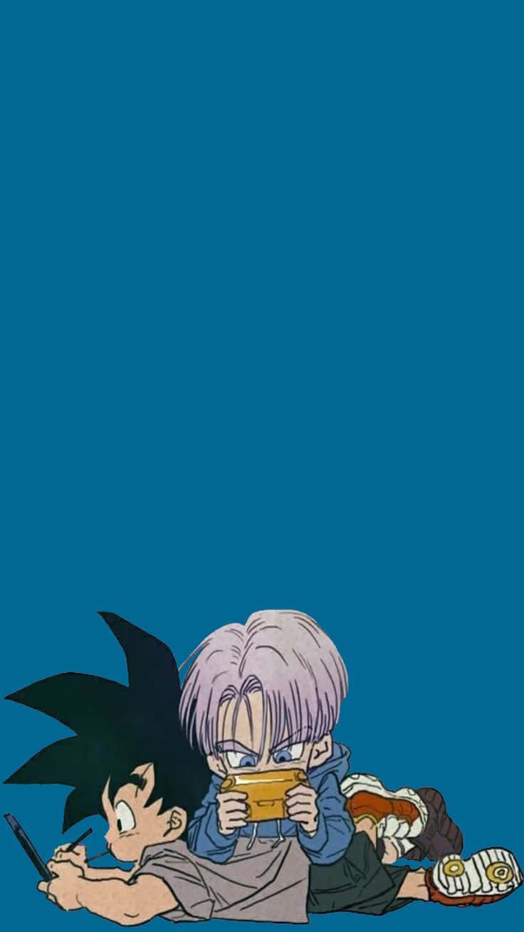 Trunks Phone, chibi anime characters, solid blue background, HD Phone Wallpaper