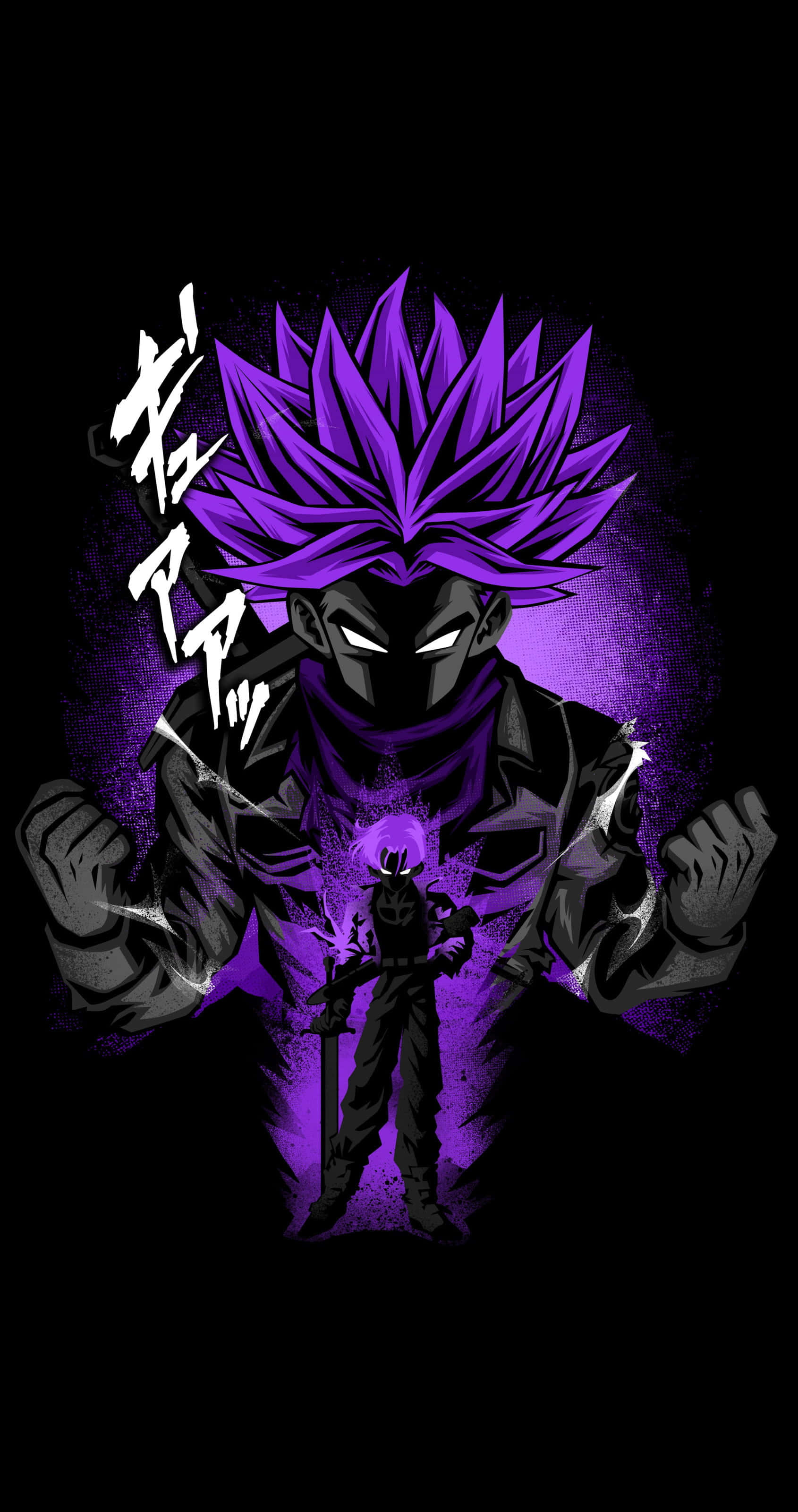 Trunks, spiky purple hair, glowing eyes, 2K Phone Wallpaper