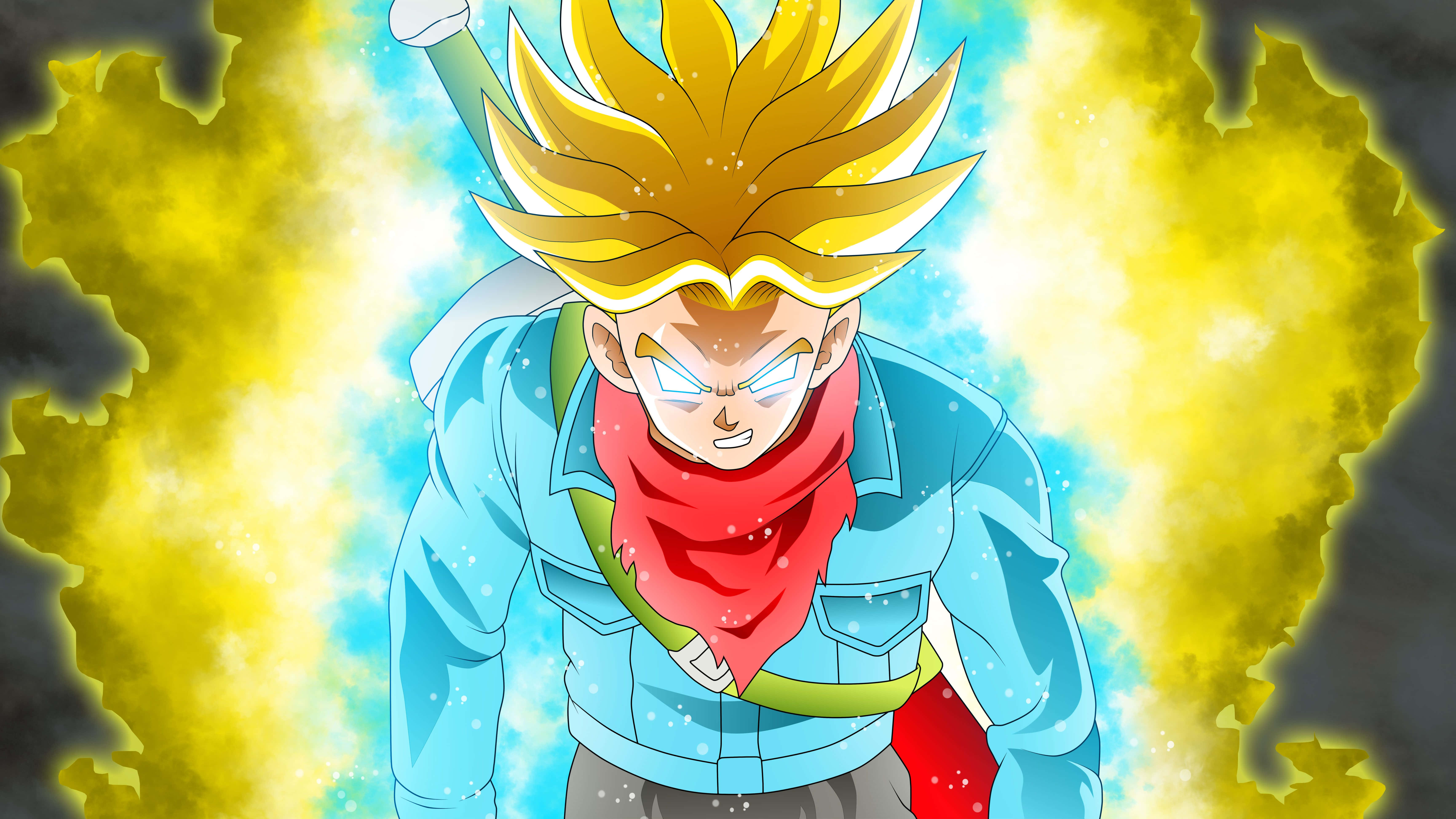 Trunks, yellow and blue blasts, spiky golden hair, 5K Desktop Wallpaper